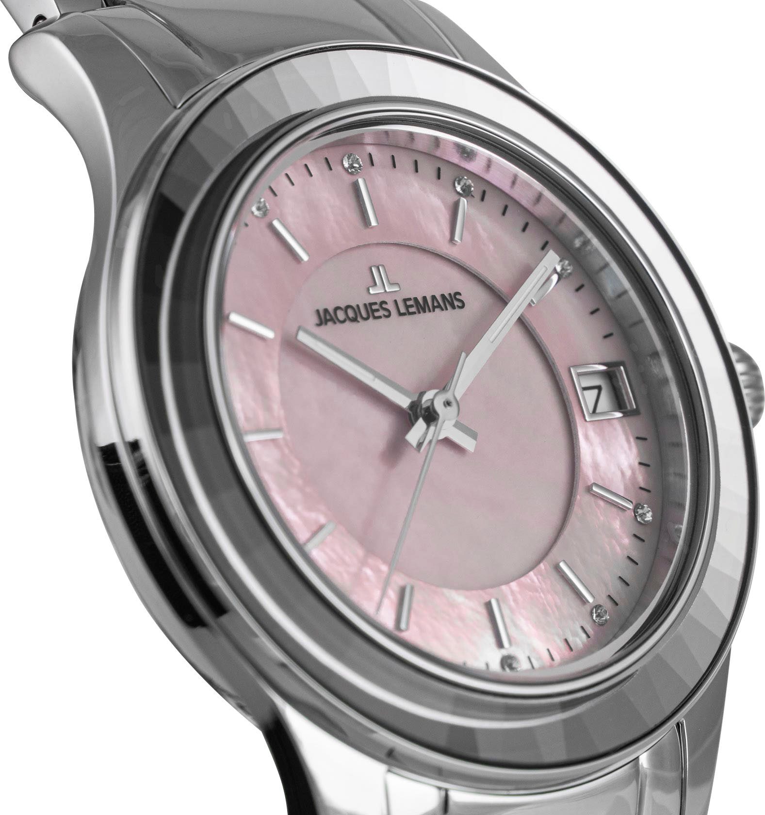 Jacques Lemans Quarzuhr Venice 1-2194D, Armbanduhr, Damenuhr, Edelstahlarmband, Perlmutt-Zifferblatt, Datum