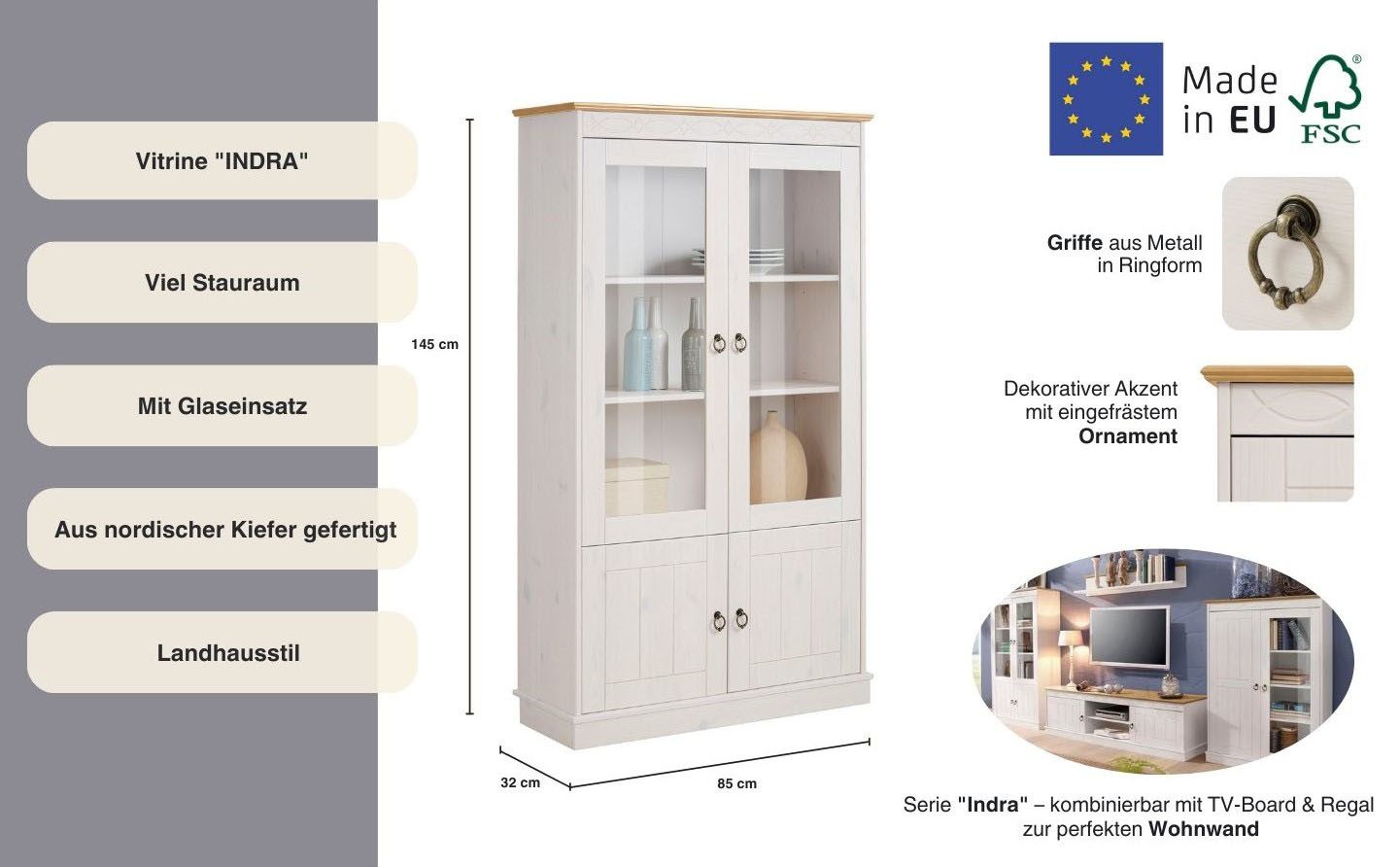 OTTO home Vitrine Indra aus massiver Kiefer, FSC®, Höhe 145 cm, dezentes Ornament