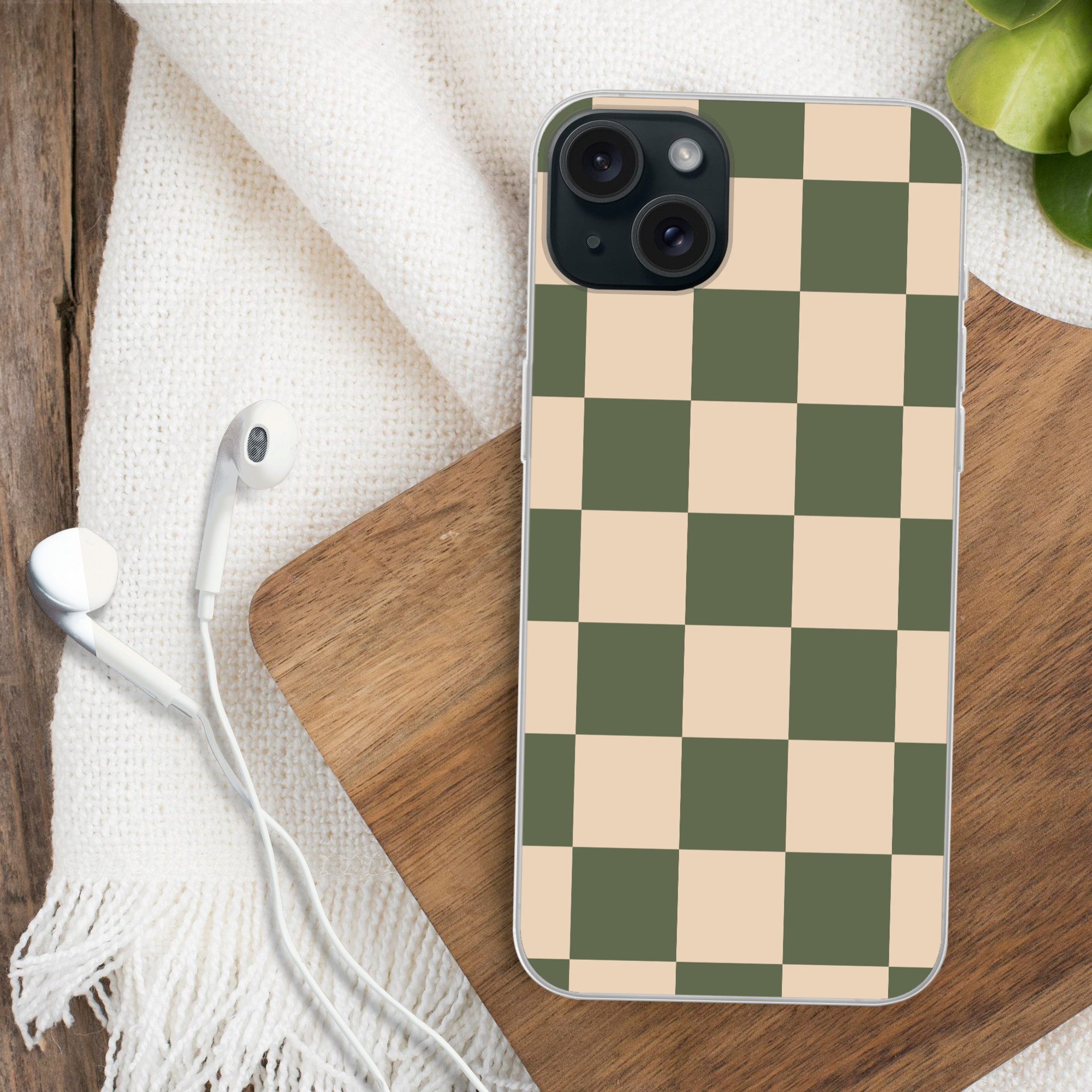 MuchoWow Handyhülle für Apple iPhone 15 Plus Schachbrettmuster - Grün - Beige - Blöcke, Smartphone-Bumper, Print, Handy Schutzhülle Dünn