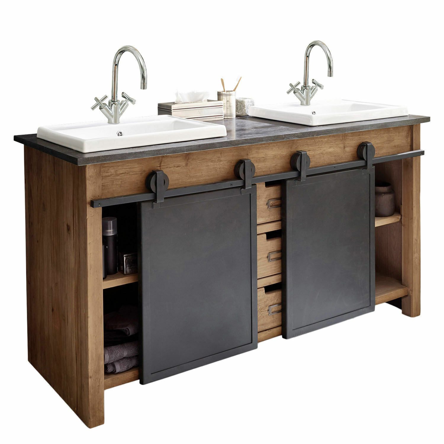 Mirabeau Waschtisch raffinierter Doppelwaschtisch Aulon aus Mangoholz & Marmorplatte (ausdrucksstark & funktional, 2 Waschbecken, Schiebetüren & Stauraum), Waschbecken mit Unterschrank, Vintage-Look, B 145cm, H 85cm, T 63cm
