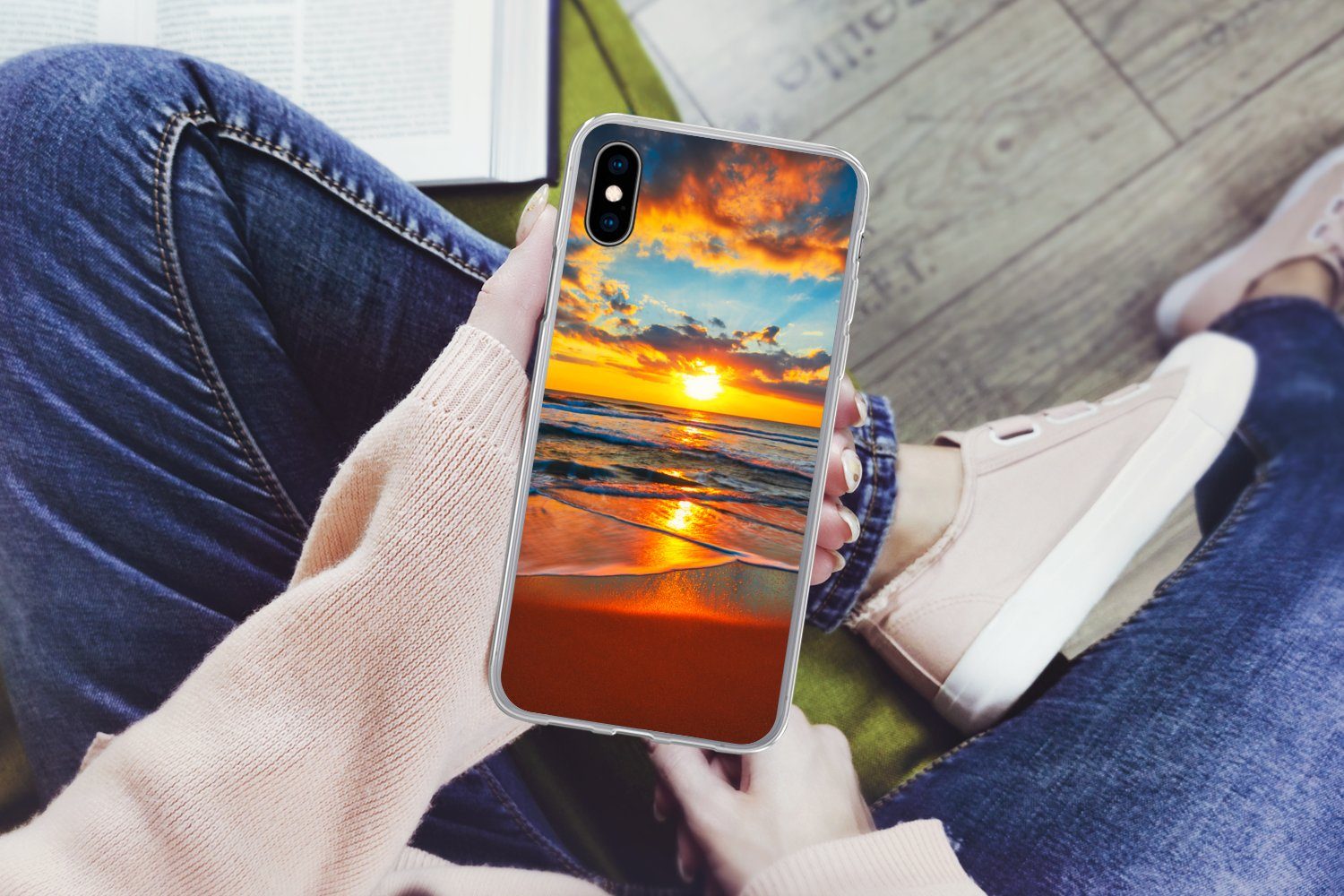 MuchoWow Handyhülle für Apple iPhone X Meer - Sonnenuntergang - Strand - Wolken - Orange, Smartphone-Bumper, Print, Handy Schutzhülle Dünn