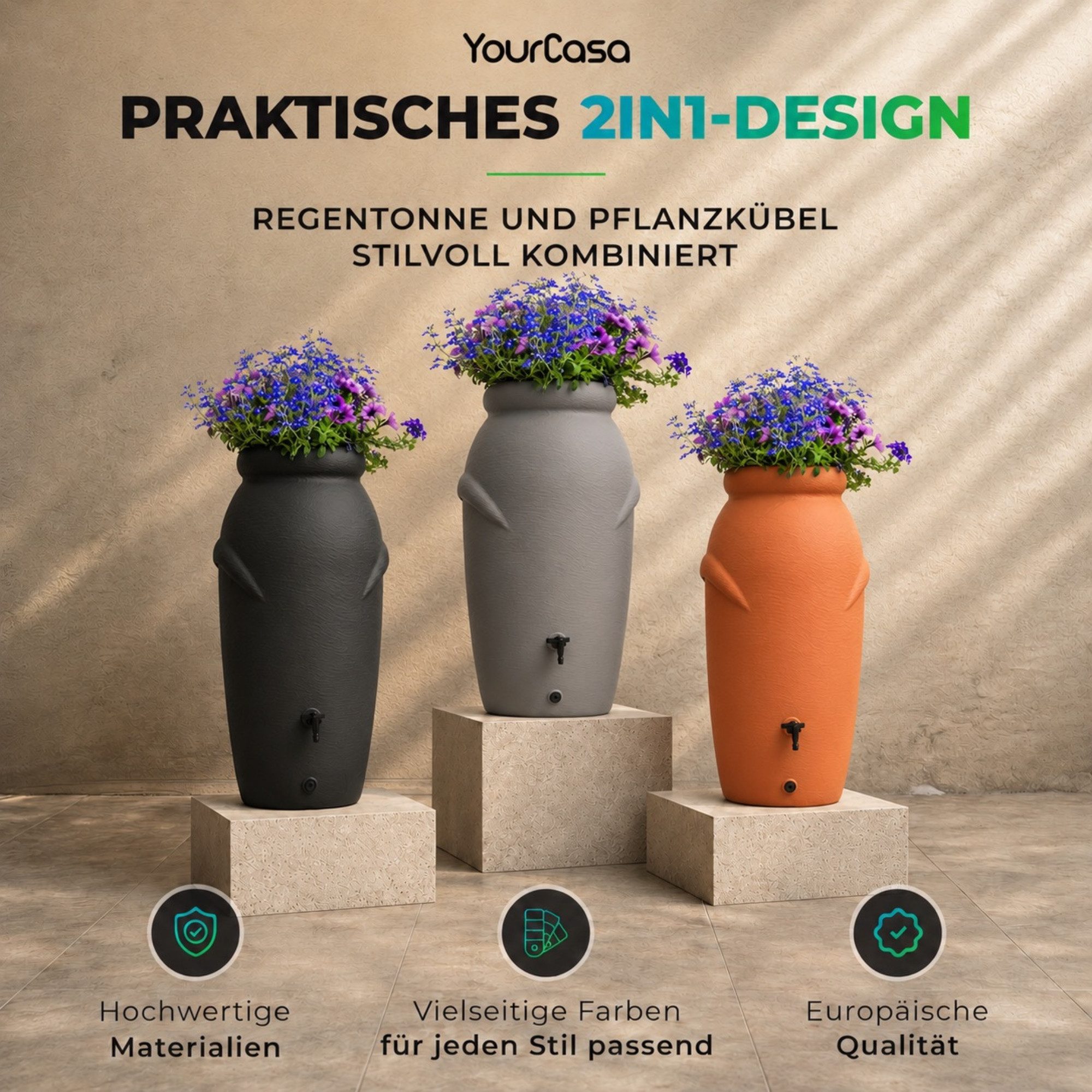 YourCasa Regentonne 210 Liter [Amphore Design] Regenfass aus Kunststoff mit Wasserhahn, Bepflanzbar, 210L, Wasserhahn, Deckel