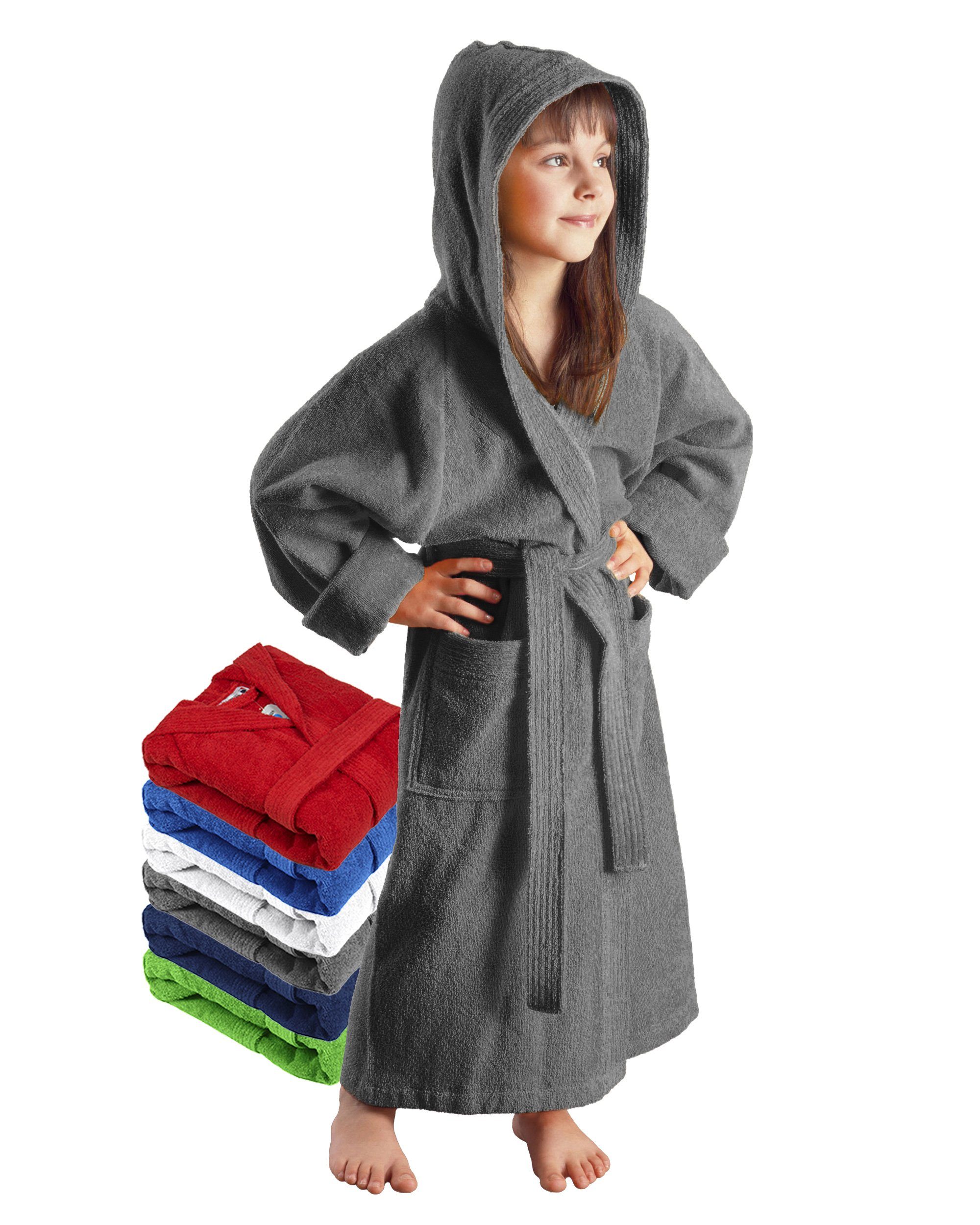 Arus Kinderbademantel für Jungen und Mädchen, mit Kapuze, in vielen Farben erhältlich, 100% Baumwolle, Kapuze, Gürtel, mit zwei Taschen, farbenfroh