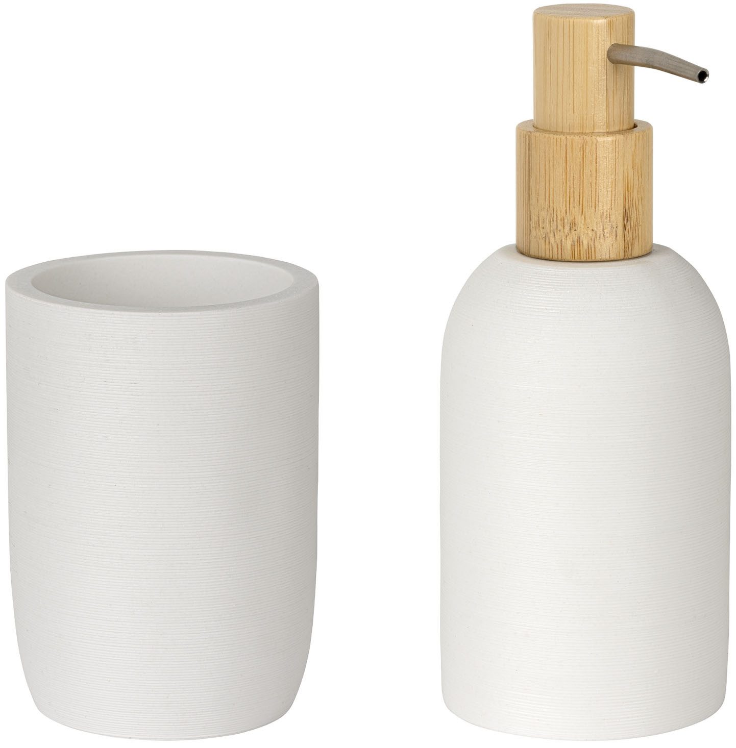 WENKO Seifenspender Altavalle, Bad-Accessoire Set aus Polyresin und Bambus, moderne Optik, 250 ml