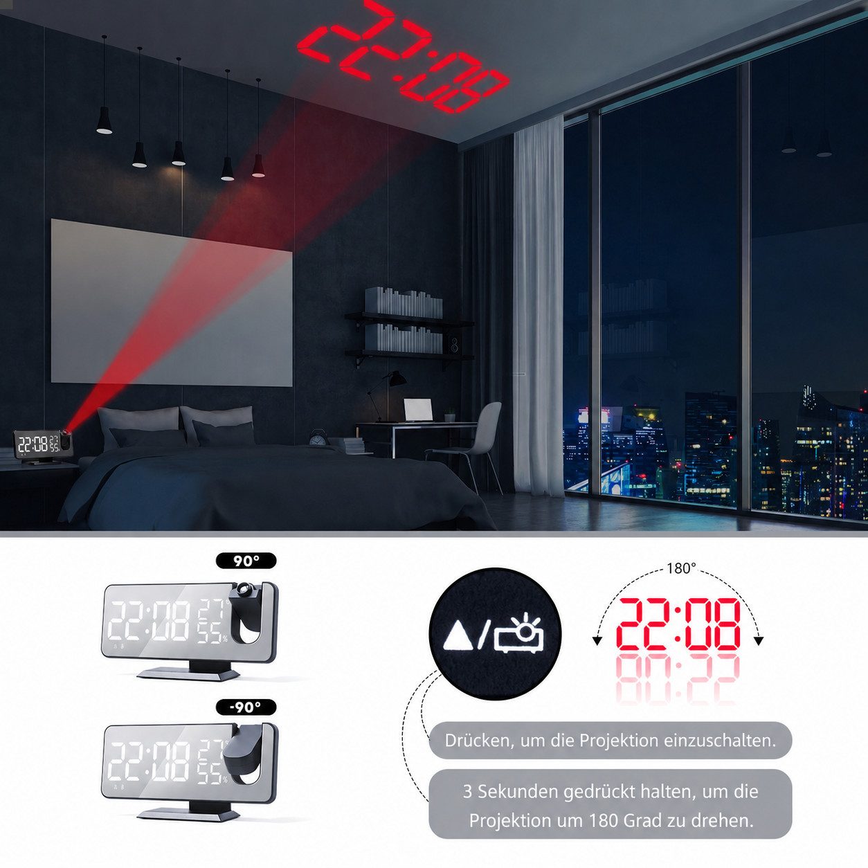Lisabonde Radiowecker Projektionswecker mit FM-Radio, Thermometer & USB Automatischer Lichtsensor, Zwei separate Alarme, Schlaf-Timer – Bild 4 von 5