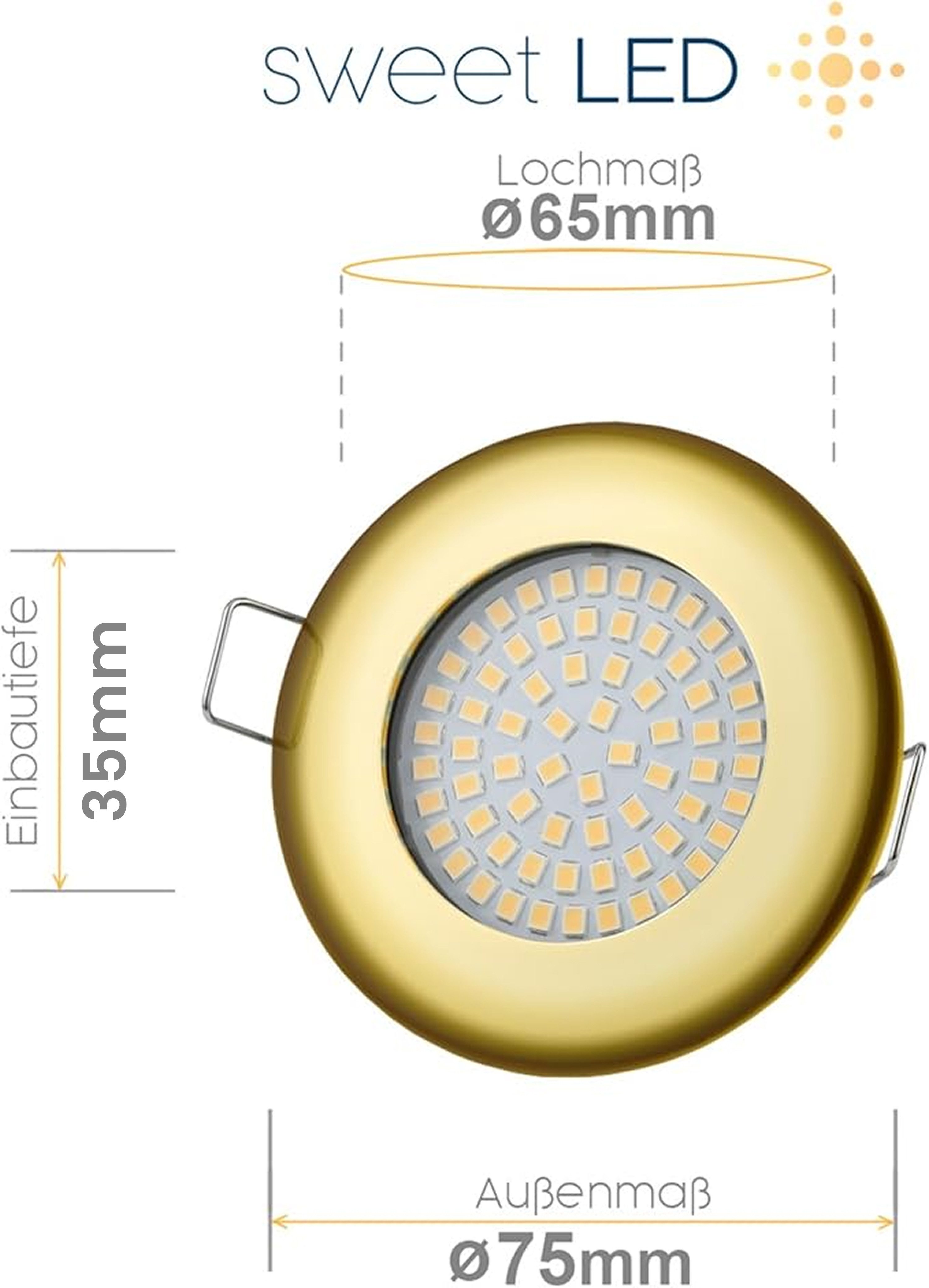 Sweet LED LED Einbaustrahler 6er Set LED Einbauspots Flach rund 5 W gold 230V dimmbar, LED fest integriert, 3000K, warmweiß, Deckenspots, Deckenstrahler, Einbauleuchten