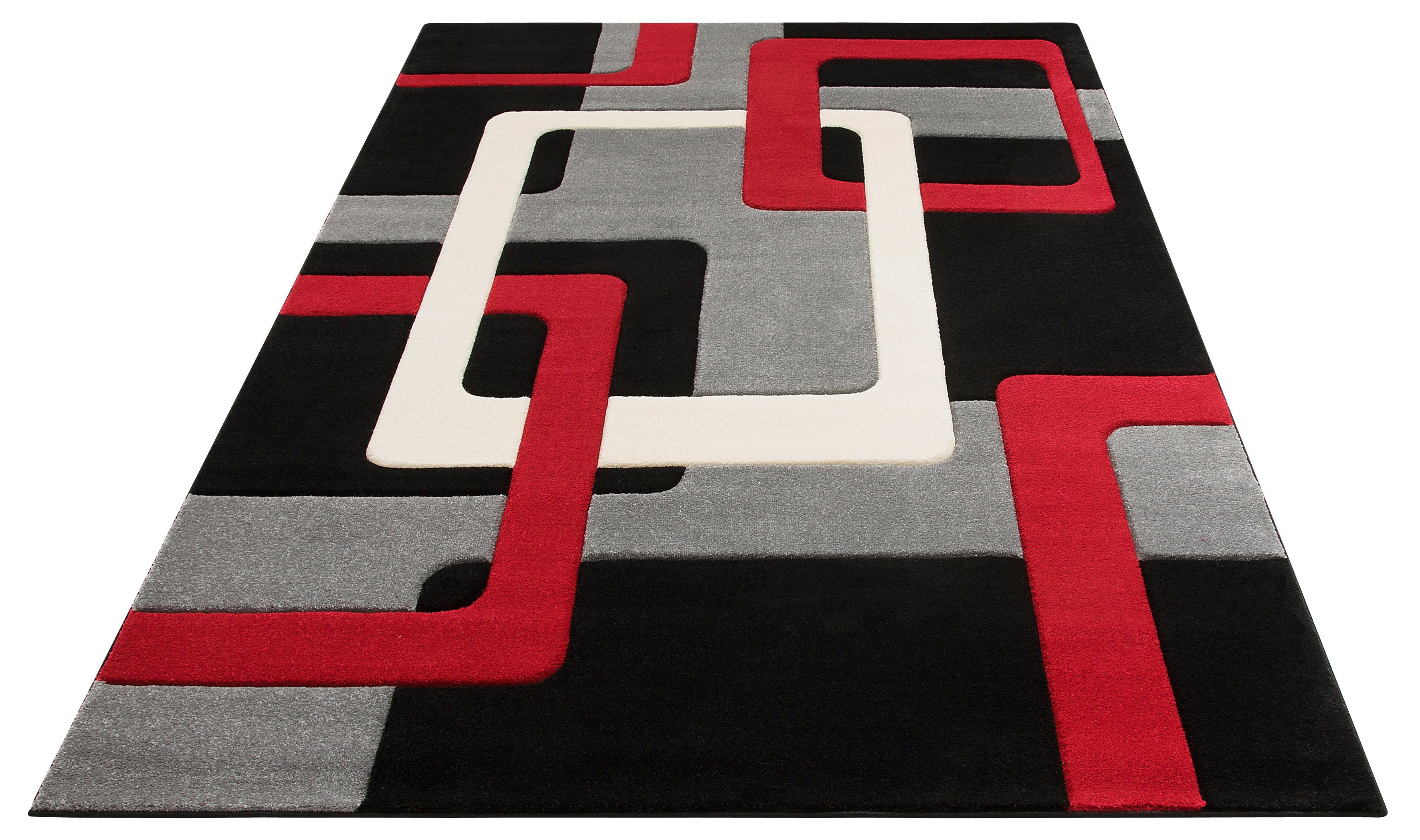 Teppich Maxim, my home, rechteckig, Höhe: 13 mm, Hoch-Tief-Effekt, Kurzflor, 3D-Design rot/grau