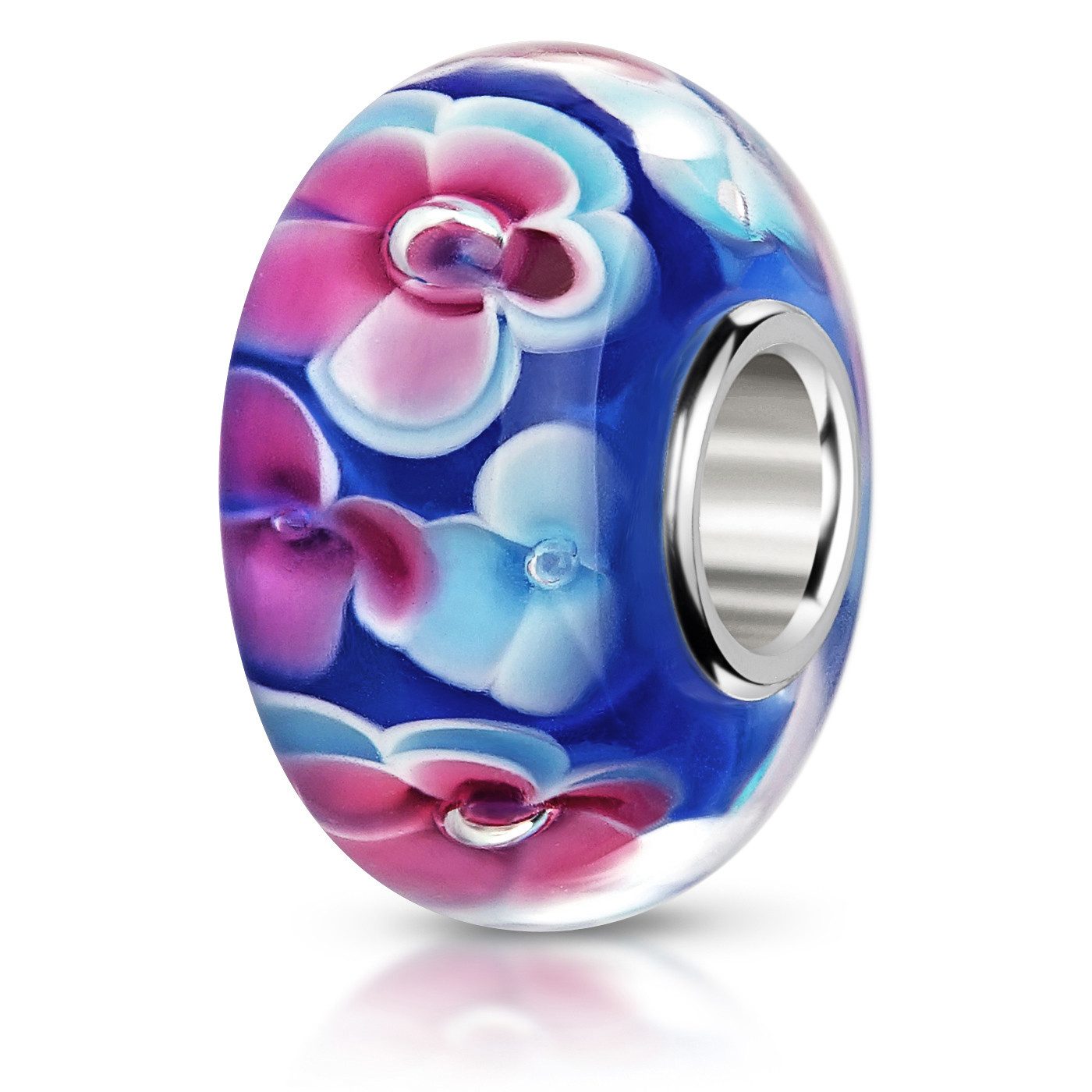 Materia Bead Glasperle Blumen / Blüten Blau Pink Silber 900, Kern aus 925 Sterling Silber