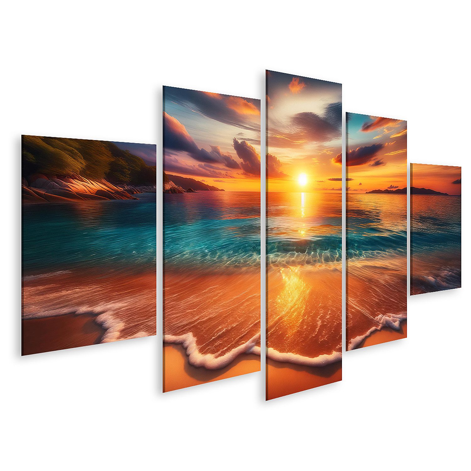 Leinwandbild Goldener Sonnenuntergang am ruhigen Strand