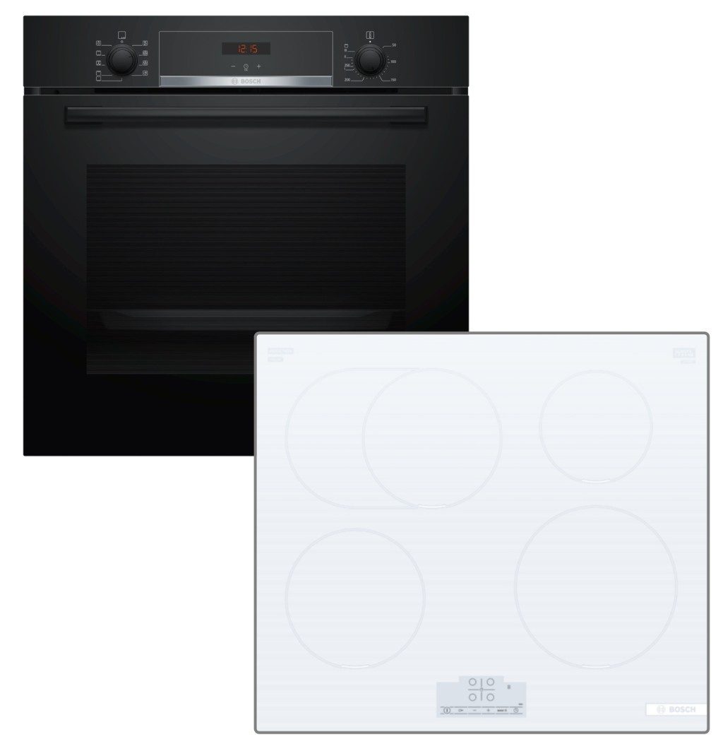 BOSCH Backofen-Set Einbaubackofen Hydrolyse Teleskopauszug + Induktionskochfeld Booster, mit 1-fach Teilauszug, Hydrolyse EcoClean Direct