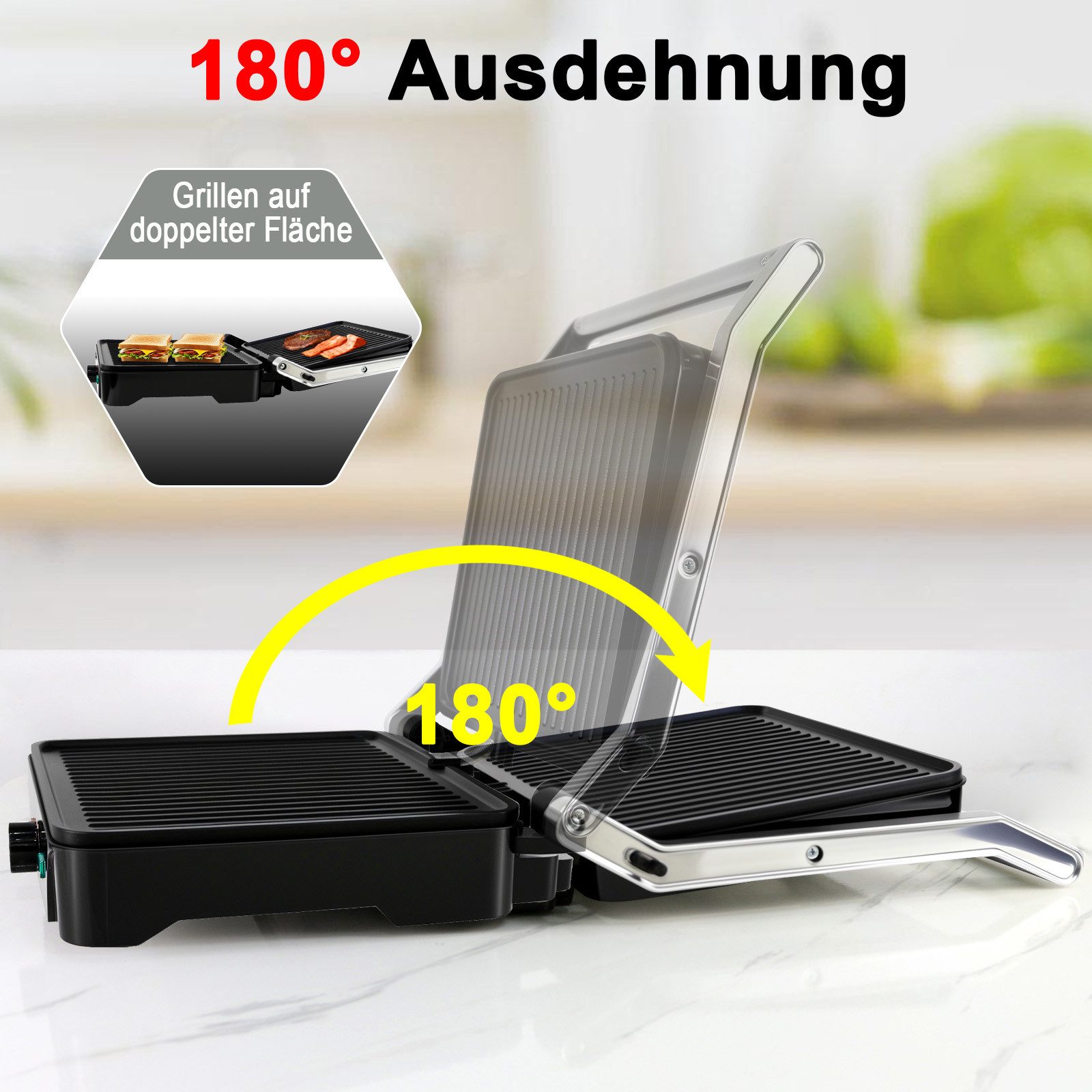 OZAVO Kontaktgrill Elektrischer Tischgrill, Paninimaker, Antihaftbeschichtetete Platten, 2000 W, sandwichtoaster, 180° Öffnung, Fettarmes Grillen