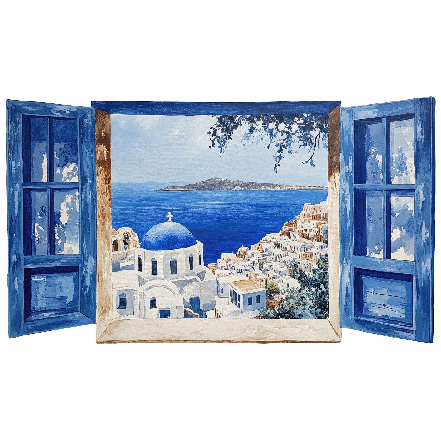 Tulup Wandtattoo 3D-Wandaufkleber Illusion Fenster, Blau Dekoratives 3D-Wandaufkleber, Griechische Landschaft, Meerblick durch das blaue Fenster