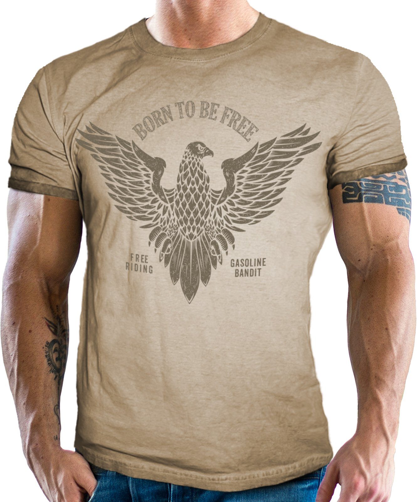 GASOLINE BANDIT® T-Shirt in Washed Sand Optik für Biker, Racer: Born to be Free