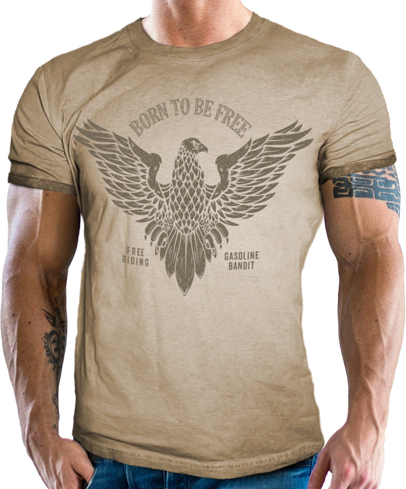T-Shirt in Washed Sand Optik für Biker, Racer: Born to be Free