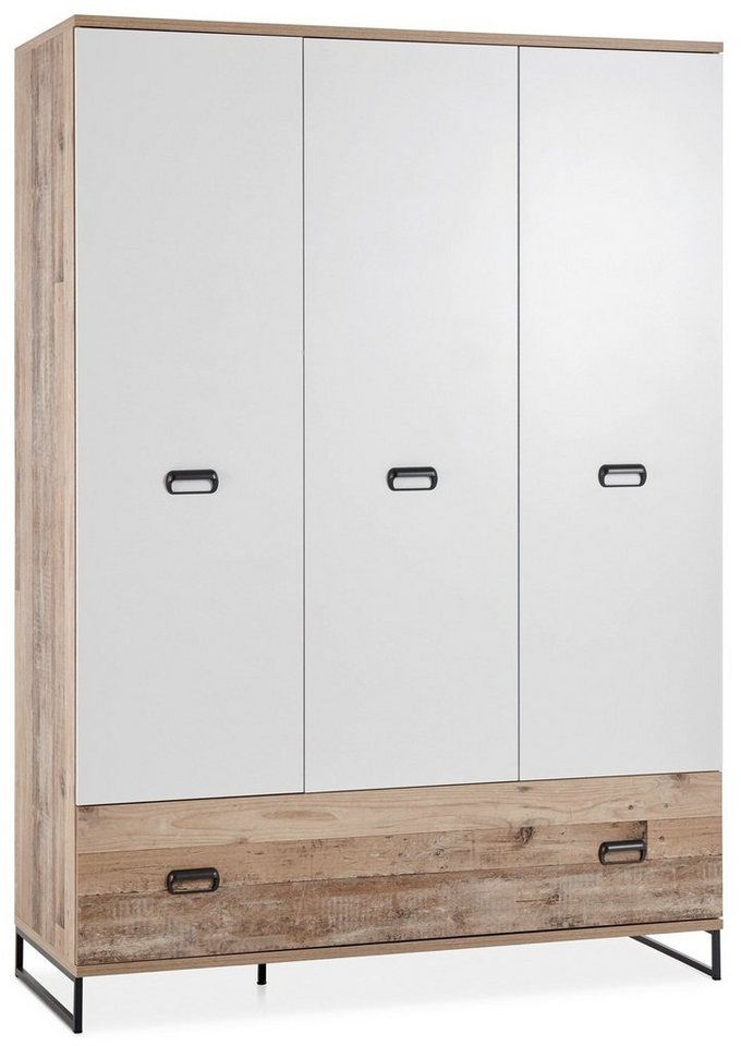 Begabino Kleiderschrank RONNY, B 143 x H 201 cm, Old Style hell Dekor, mit  3 weißen Türen und 1 großen Schublade