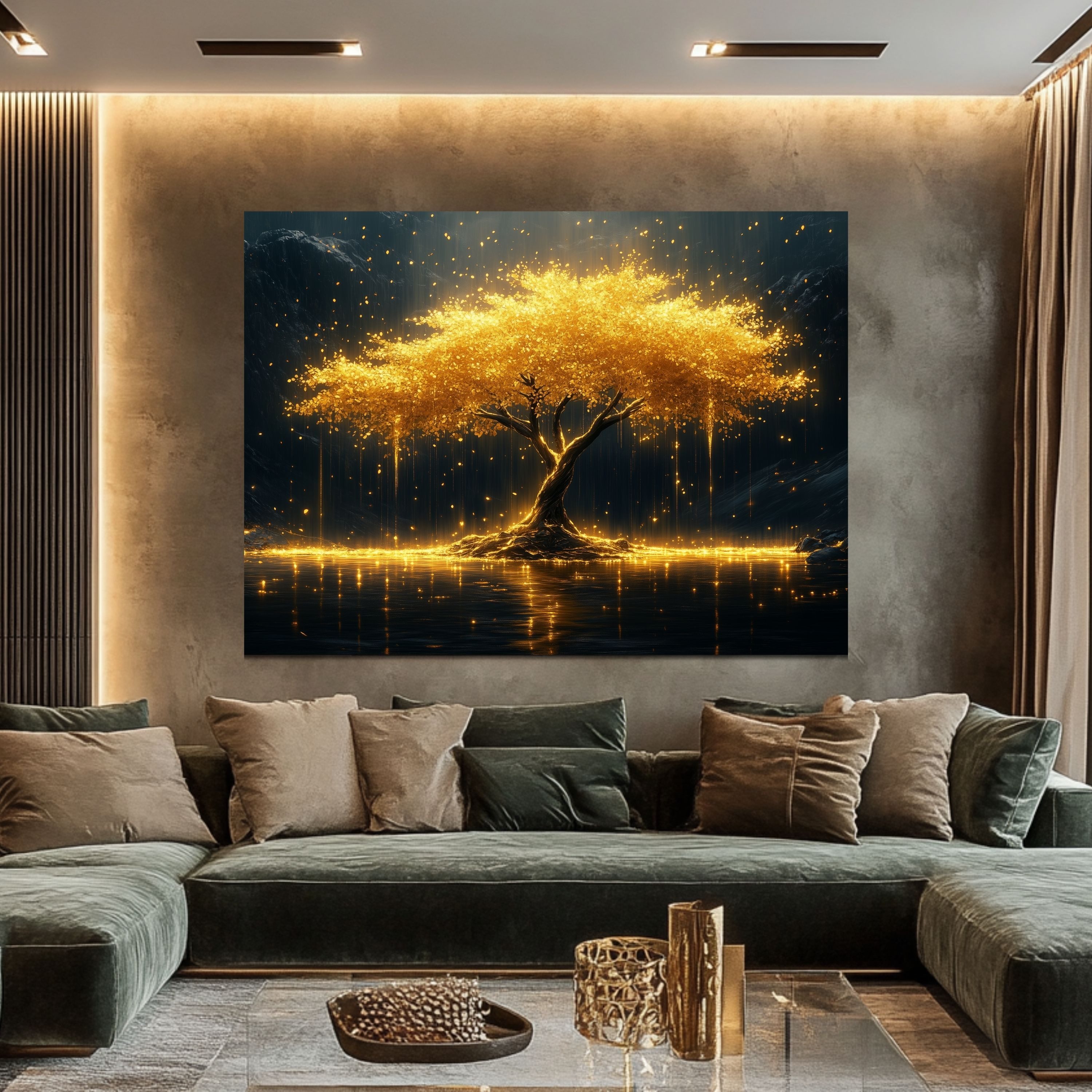 DARO Design Leinwandbild Modern Abstrakt Wandbilder XXL Wandbild Wand Deko Leinwand Bilder, (ausladender goldener Baum - Bild groß Wohnzimmer Esszimmer Schlafzi – Bild 3 von 5