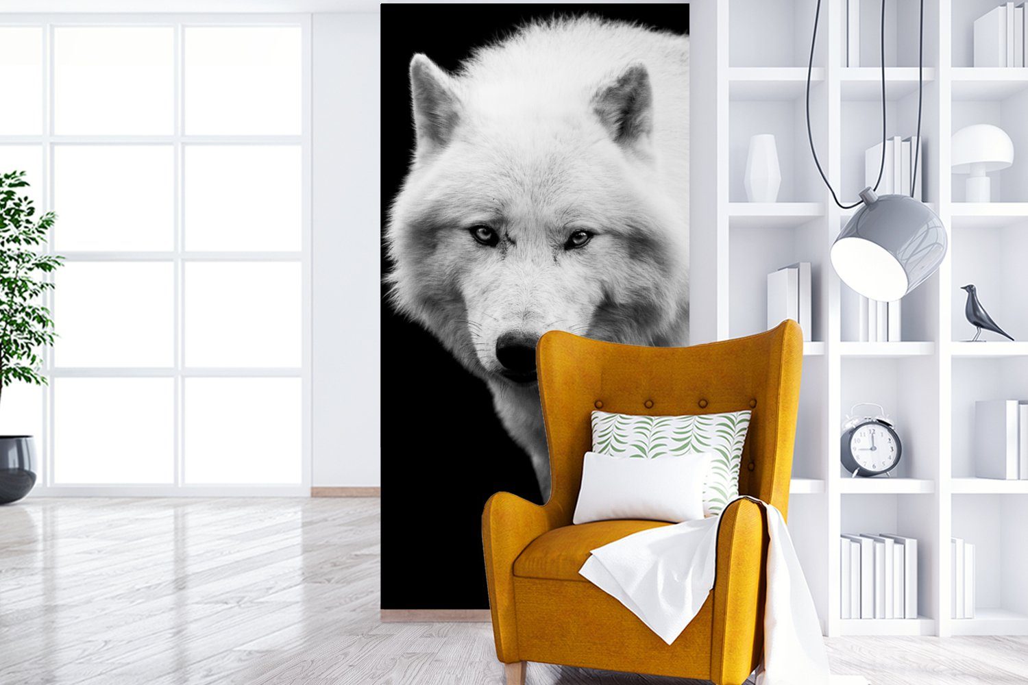 Weiß, Küche, Schlafzimmer Vliestapete Schwarz bedruckt, St), Wolf Tier Fototapete - (2 - Wohnzimmer - für Matt, MuchoWow Fototapete