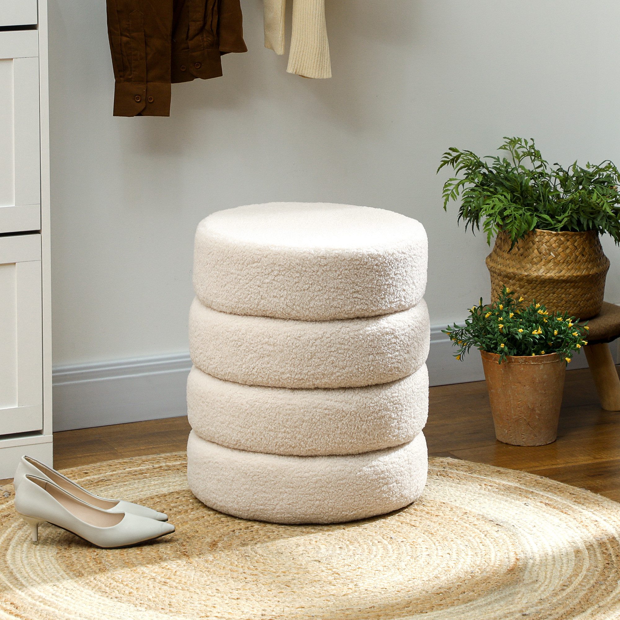 HOMCOM Fußhocker Sitzhocker mit Sitzkissen (Runder Polsterhocker, 1 St., Fußstütze), für Wohnzimmer, Schlafzimmer, Beige, Ø40 x 45 cm