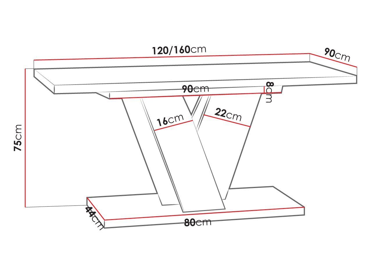 Schwarz MIRJAN24 120-160x90x75 Tischplatte, Viney Hochglanz Esstisch (Ausziehbarer), / unter Beton Einlegeplatte sich der cm befindet