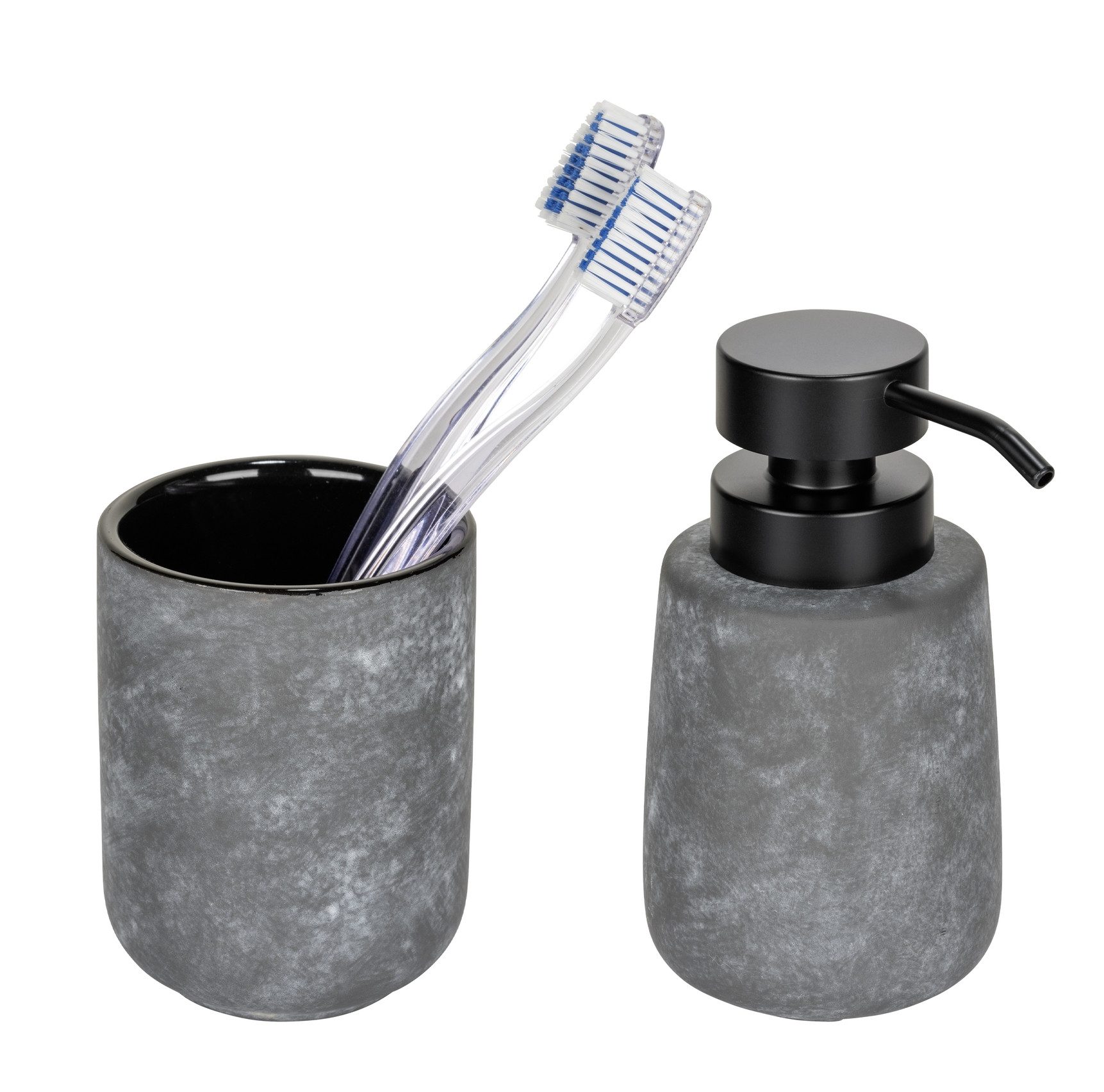 WENKO Badaccessoire-Set Sacile, Set, 2 tlg., bestehend aus Seifenspender und Zahnputzbecher, Keramik in Beton-Optik