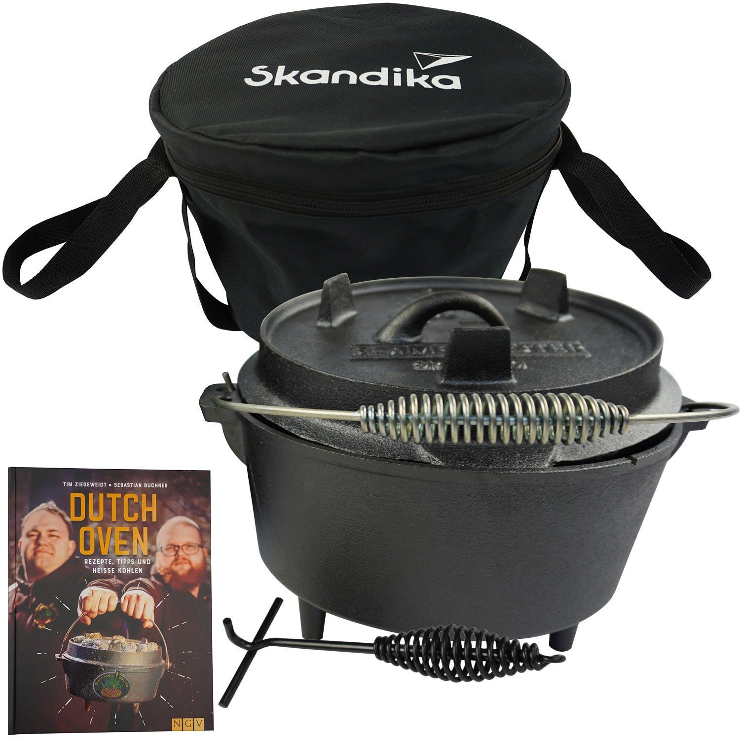 Skandika Grilltopf Dutch Oven Flame Master, Gusseisen (robust, voreingebrannt, Multifunktionsdeckel, Camping, Outdoor, Festival, Angeln, BBQ, Grillen), 5,1 Liter, mit Füßen, Gusseisen Topf zum Kochen