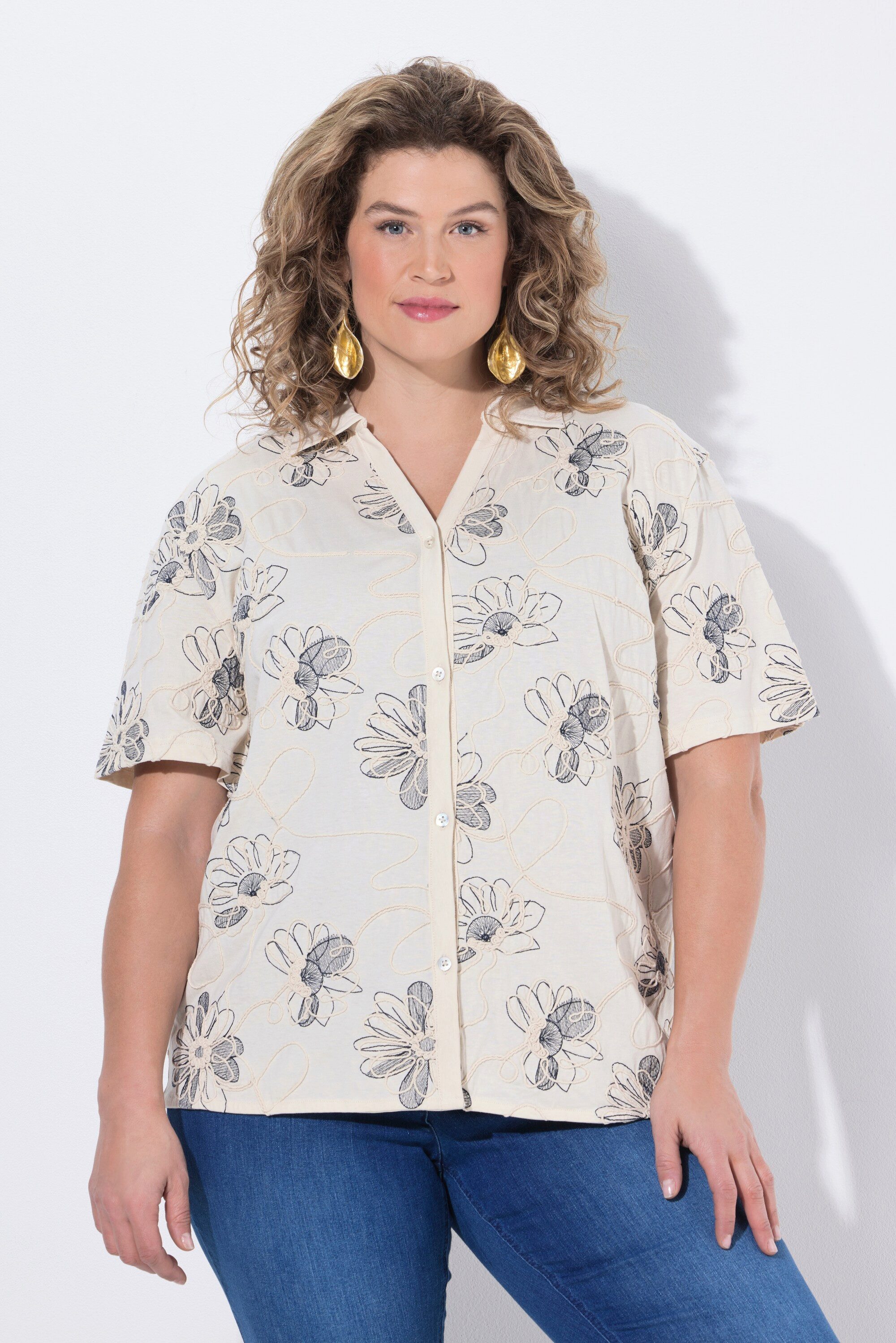 Ulla Popken T-Shirt Shirtjacke Stickerei Hemdkragen 3/4-Arm