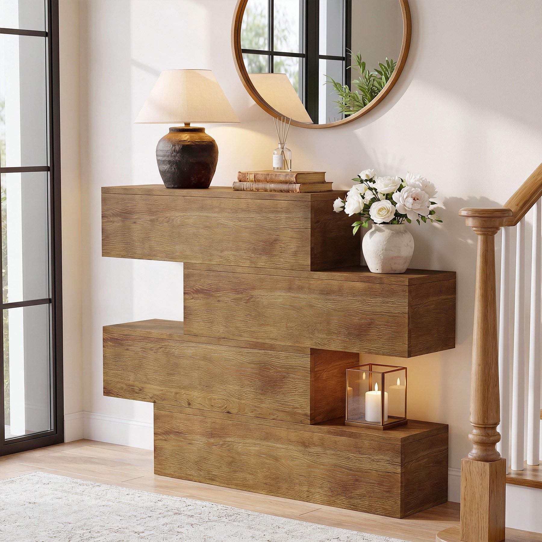 Tribesigns Konsolentisch 110 cm Massivholz Flurfisch, 4-stufiger Sofatisch mit Ablagefächern – Bild 5 von 5