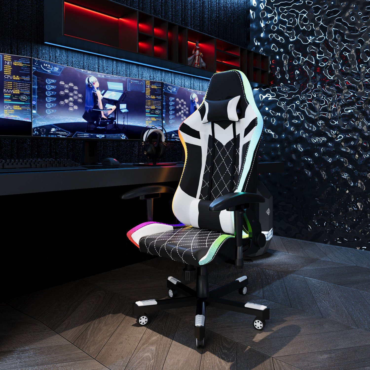 GUNJI Gaming Gaming kg Bürostuhl 150 LED, Chair für Stuhl Weiß mit PU-Leder Belastbarkeit