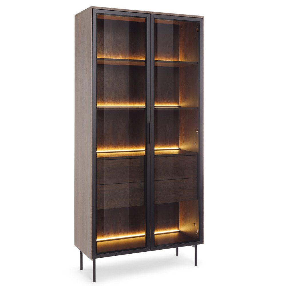 Lomadox Vitrine LEXINGTON-167 Eiche Nb. mit schwarz, 91,5 cm, 2 Glastüren, LED-Beleuchtung