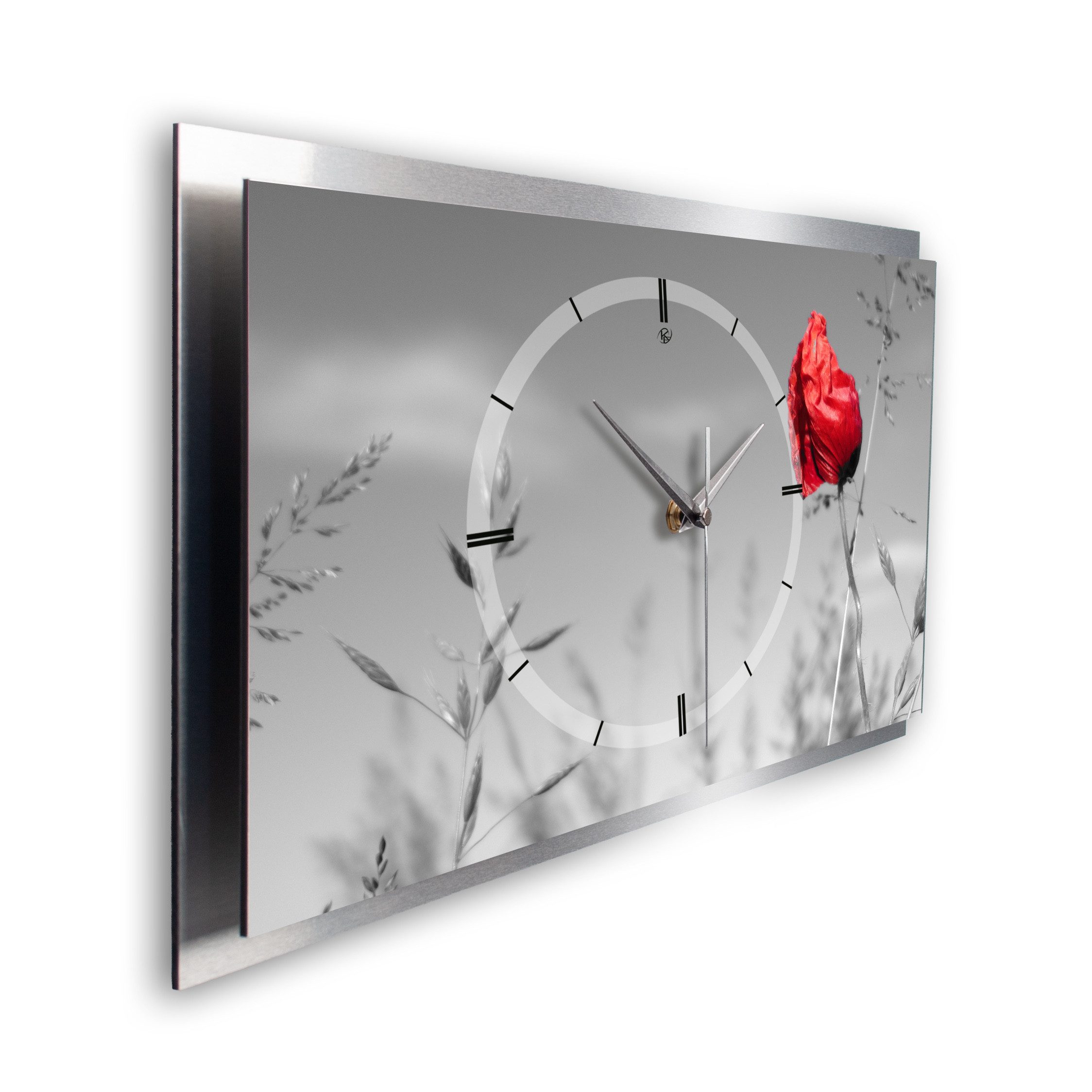 Kreative Feder Wanduhr "Mohnblume" 3D Designer Wanduhr aus Alu, leise (ohne Ticken; Quarz oder Funkuhrwerk; verschiedene Größen)