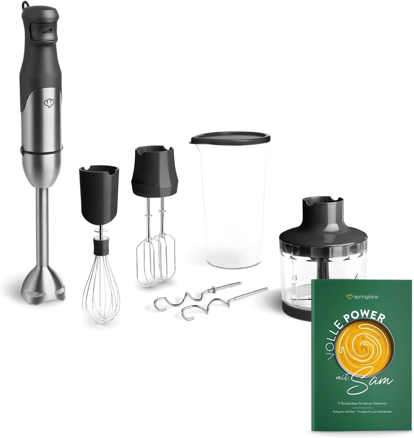 Springlane Stabmixer Set Sam aus Edelstahl inkl. inkl. Pürierstab, Behälter mit Deckel, 800,00 W, Zerkleinerer, Schneebesen, Rühr- & Knethaken, Aufbewahrungstasche