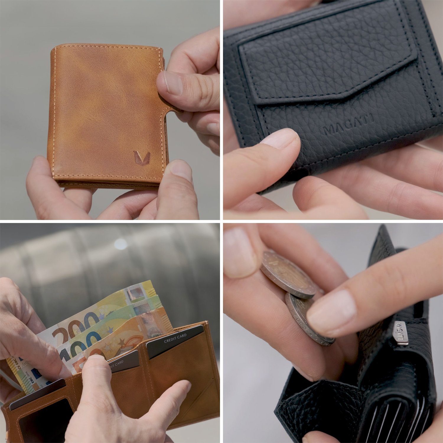 Geldbörse Münzfach, Wallet, Portemonnaie MAGATI Schwarz zu mit Einkaufswagenchip-Fach, Geschenkverpackung), klein RFID-Schutz Damen (mit 10 Herren Echtleder aus für Karten, & bis