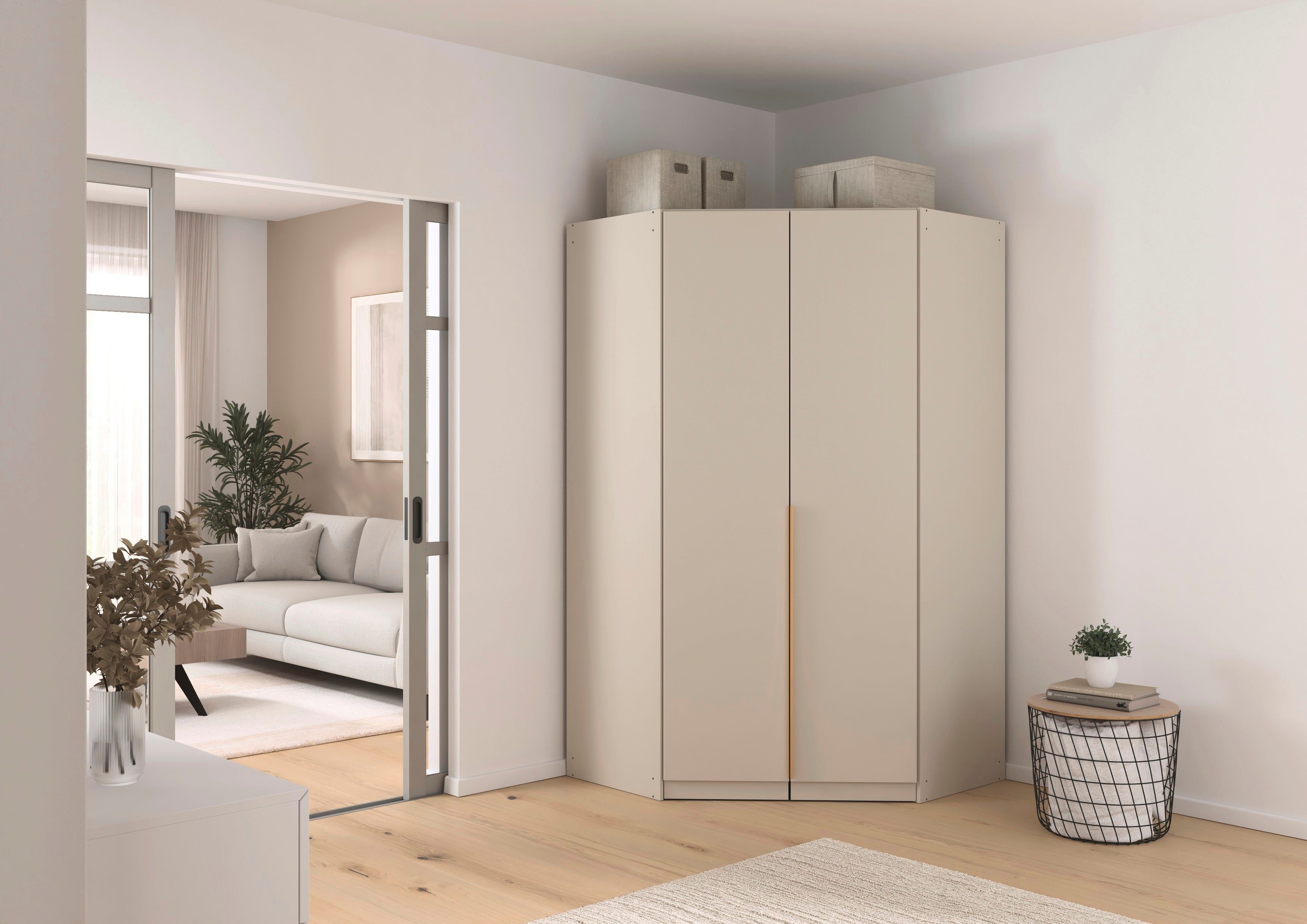 OTTO home Kleiderschrank Mehrzweckschrank Aktenschrank Möbel Mietswohnung Garderobe AGORDO (Breite/Tiefe 117x117 cm, Höhen 210/229 cm, Griffe GOLD-Farben) voll ausgestattet für kleine Räume geeignet MADE IN GERMANY