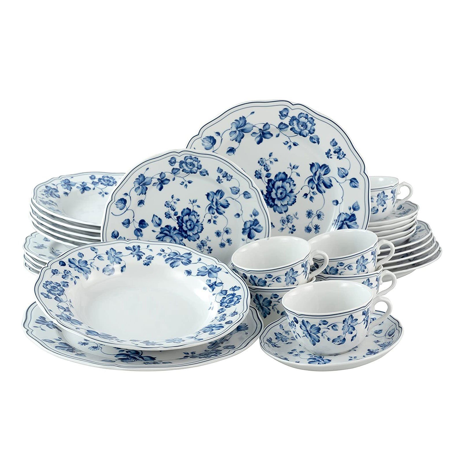 CreaTable Kombiservice für in in Porzellan, Anlage Personen, ROYAL Rosen 6 (30-tlg), 30 blaue FLOWER BLUE Personen, blaue oppulenter Rosenmotive Anlage, oppulenter Teile 6 Service, Geschirr-Set