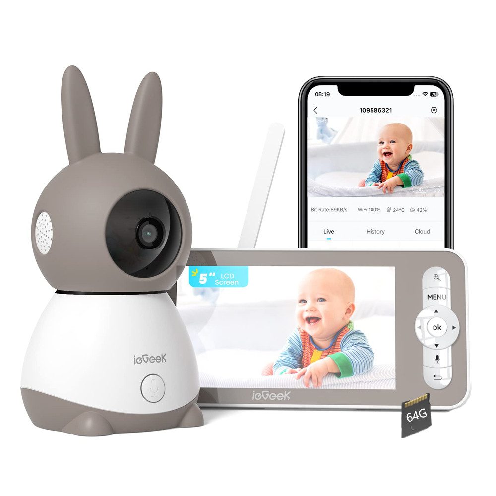 Video-Babyphone 5" Babyphone mit Kamera, WLAN Babyfon Video 2K/3MP mit 64GB Karte