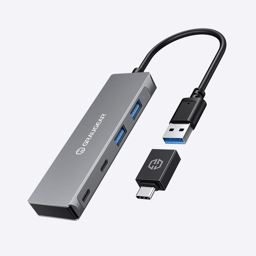 GRAUGEAR 4 Ports USB 3.0 HUB USB-Adapter, 2x USB C, 2x USB A, Aluminium,  Kabellänge 20 cm, USB Type C Adapter