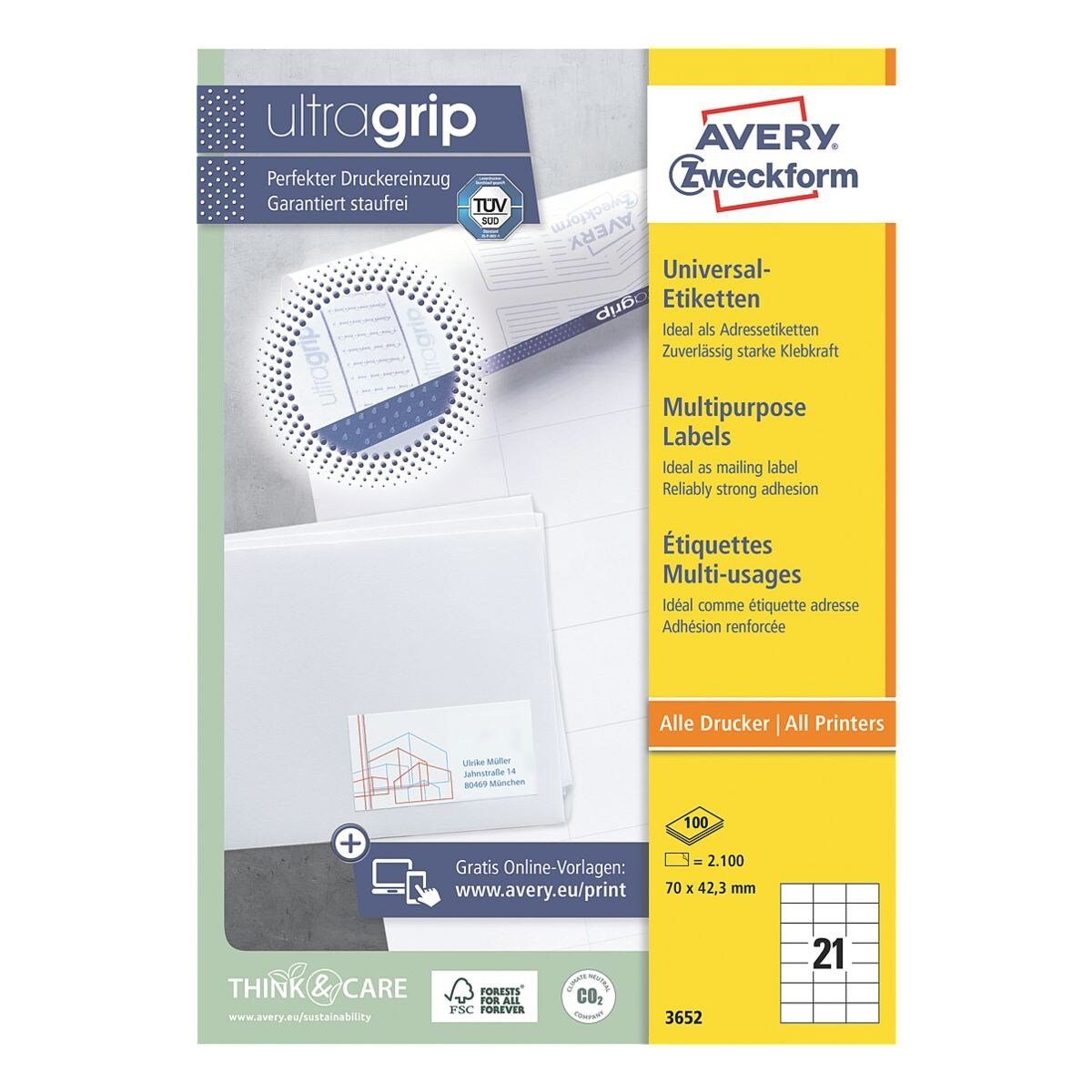 Avery Zweckform Etiketten 3652, 2100 Stück, Kennzeichnung (70 x 42,3 mm), selbstklebend