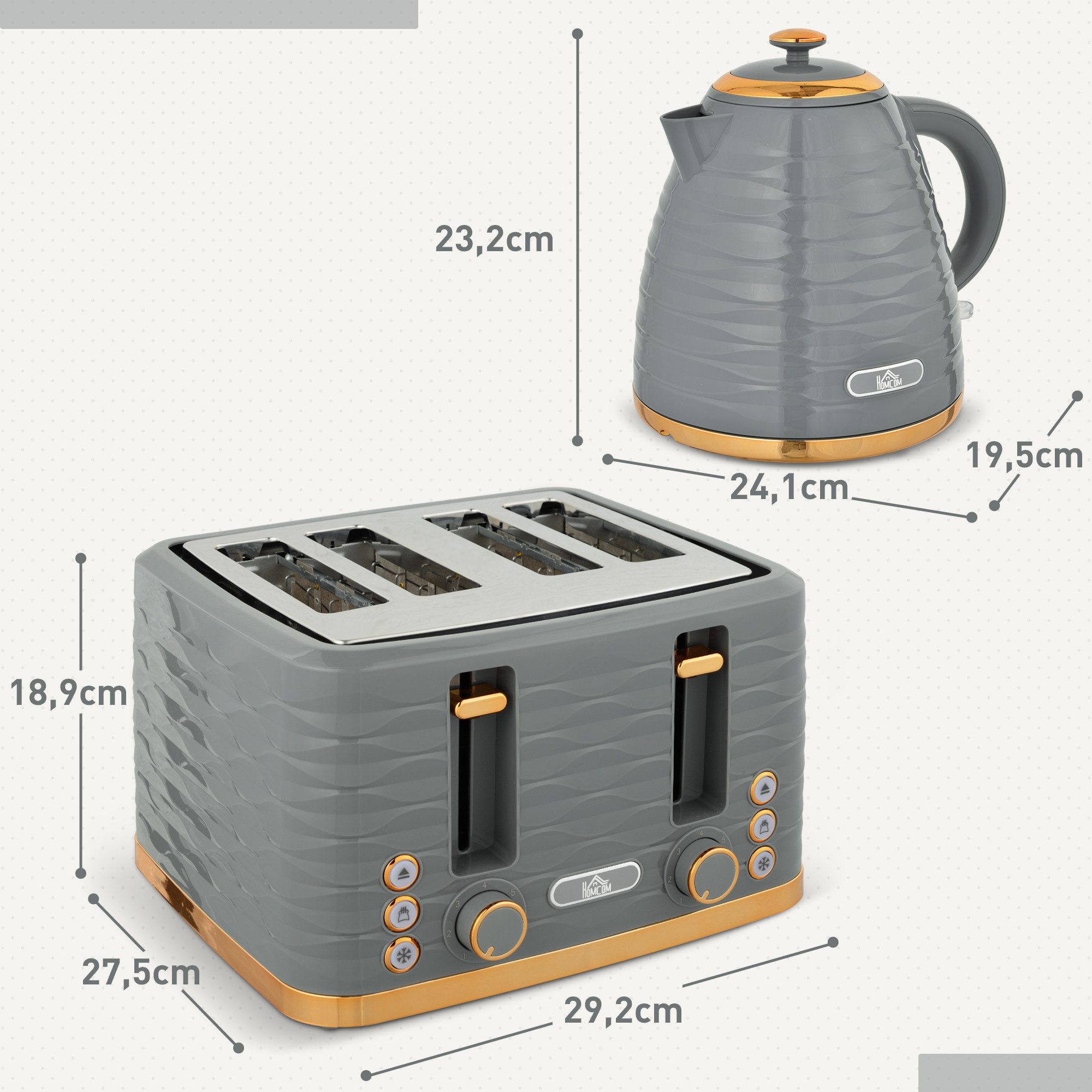 HOMCOM Toaster Wasserkocher Frühstück-Set: 1,7L, 4 Scheiben, 7 Bräunungsstufen, 4 Schlitze, für 4 Scheiben, 2200 W, Auftau-, Aufwärm- und Krümelschublade, Otter-Thermostat, Grau