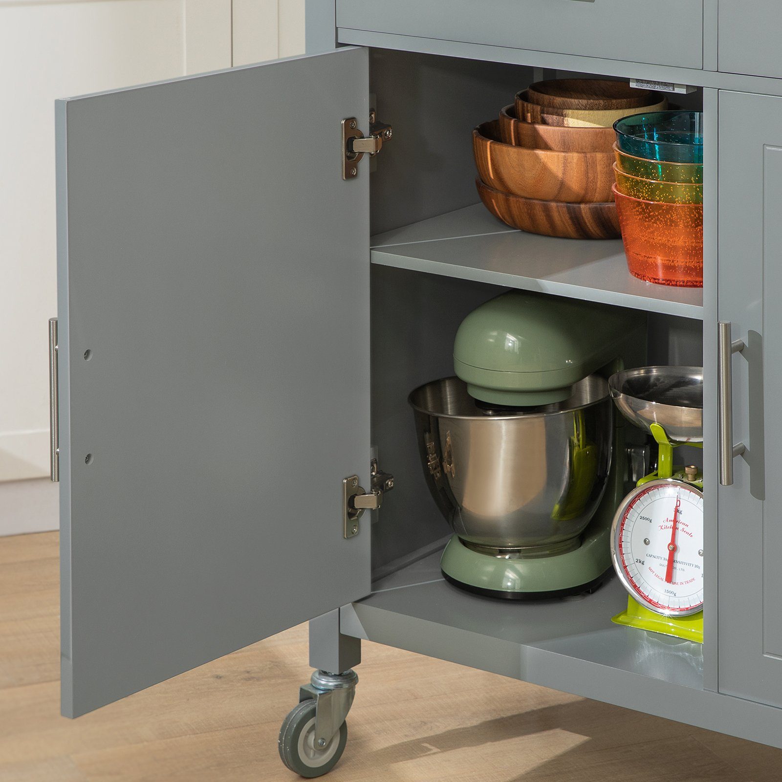 grau SoBuy FKW108, Kücheninsel mit Küchenschrank Küchenwagen Edelstahlplatte mit Seitenregal