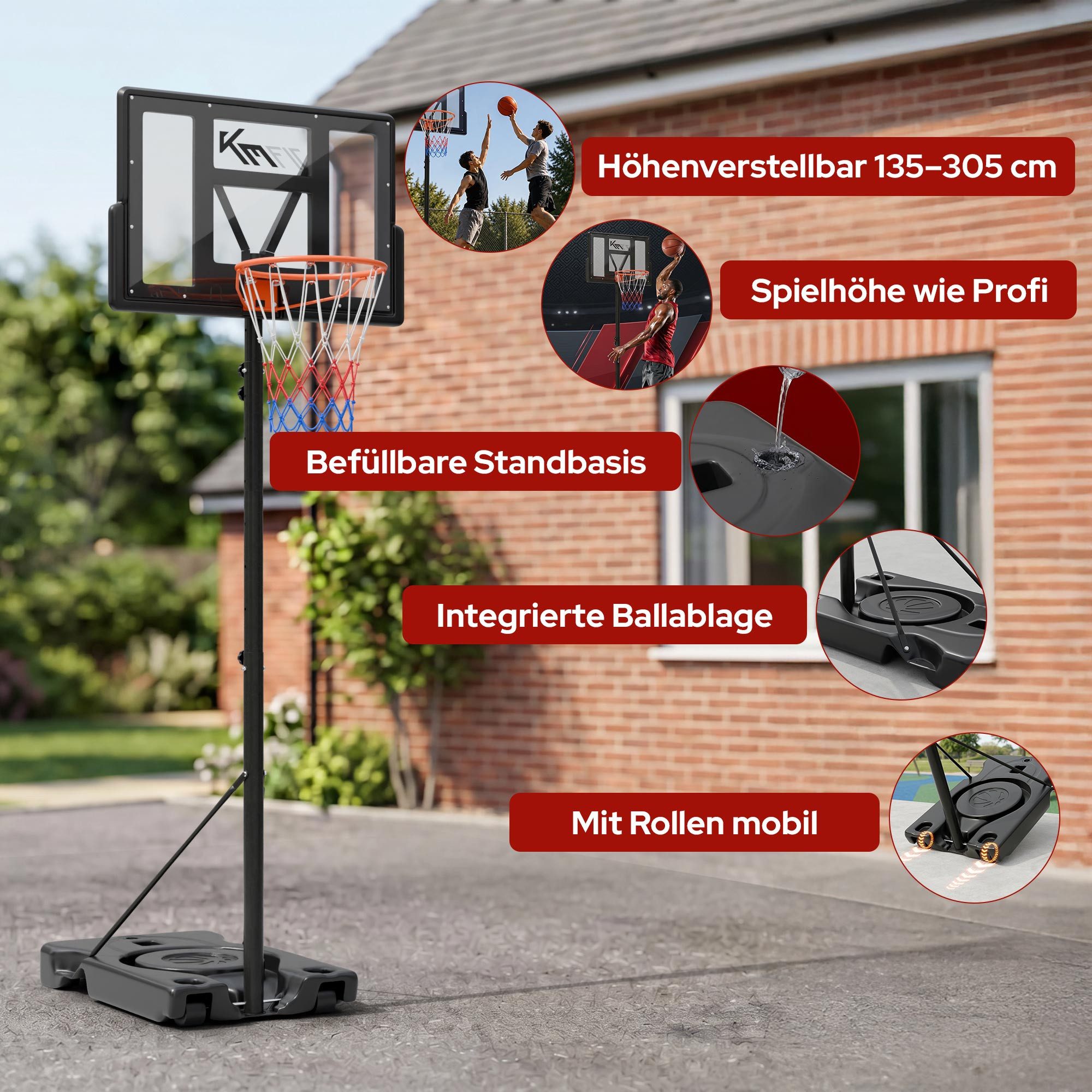 KM - Fit Basketballkorb Basketballständer höhenverstellbar mobil mit Rollen 135-305 cm (Basketballständer 135-305 cm), stabiler Standfuß, wetterfest und ideal für Outdoor-Nutzung