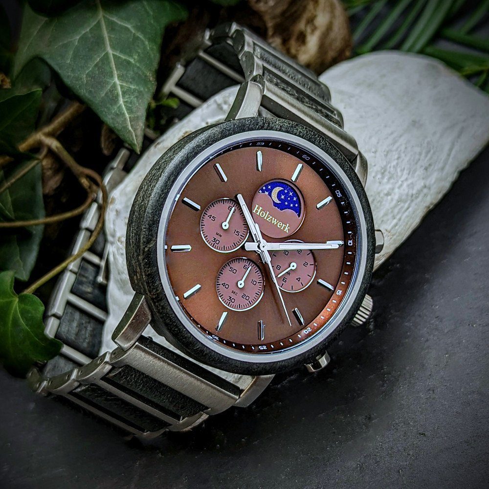 Holzwerk Chronograph Edelstahl & Holz Armband Uhr mit Mondphase, inklusive Armbandkürzer, ideal auch als Geschenk