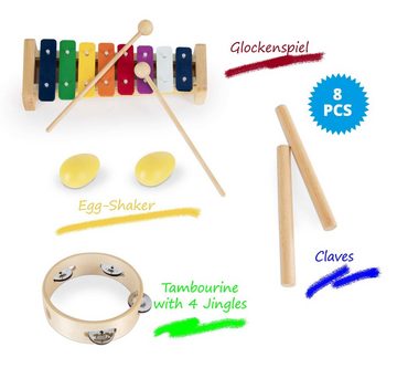 Classic Cantabile Percussion-Set 8-Teiliges Percussion Set mit Glockenspiel, Tambourin aus Holz, Klangstäben und 2 Egg-Shakern, Ideal für Kindergarten und Musikalische Früherziehung
