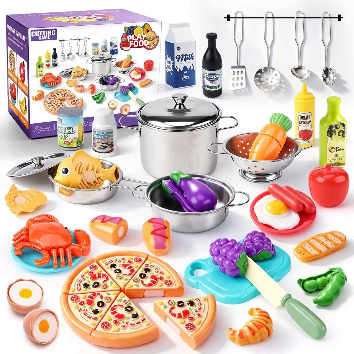 Flintry Spielküche Spielküchen Zubehör 52-teilig, Kinder Küchenspielzeug für Rollenspiele, Mit Spiellebensmitteln, Töpfen, Pfannen & Schneidbarem Spielzeugessen