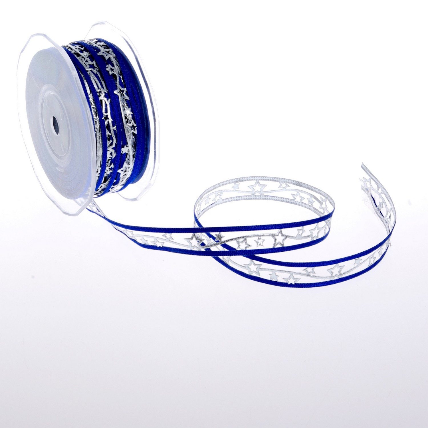 Deko AS Dekoband Weihnachtsband mit Sternchen - blau/silber - 15 mm Breite - 20 m Läng