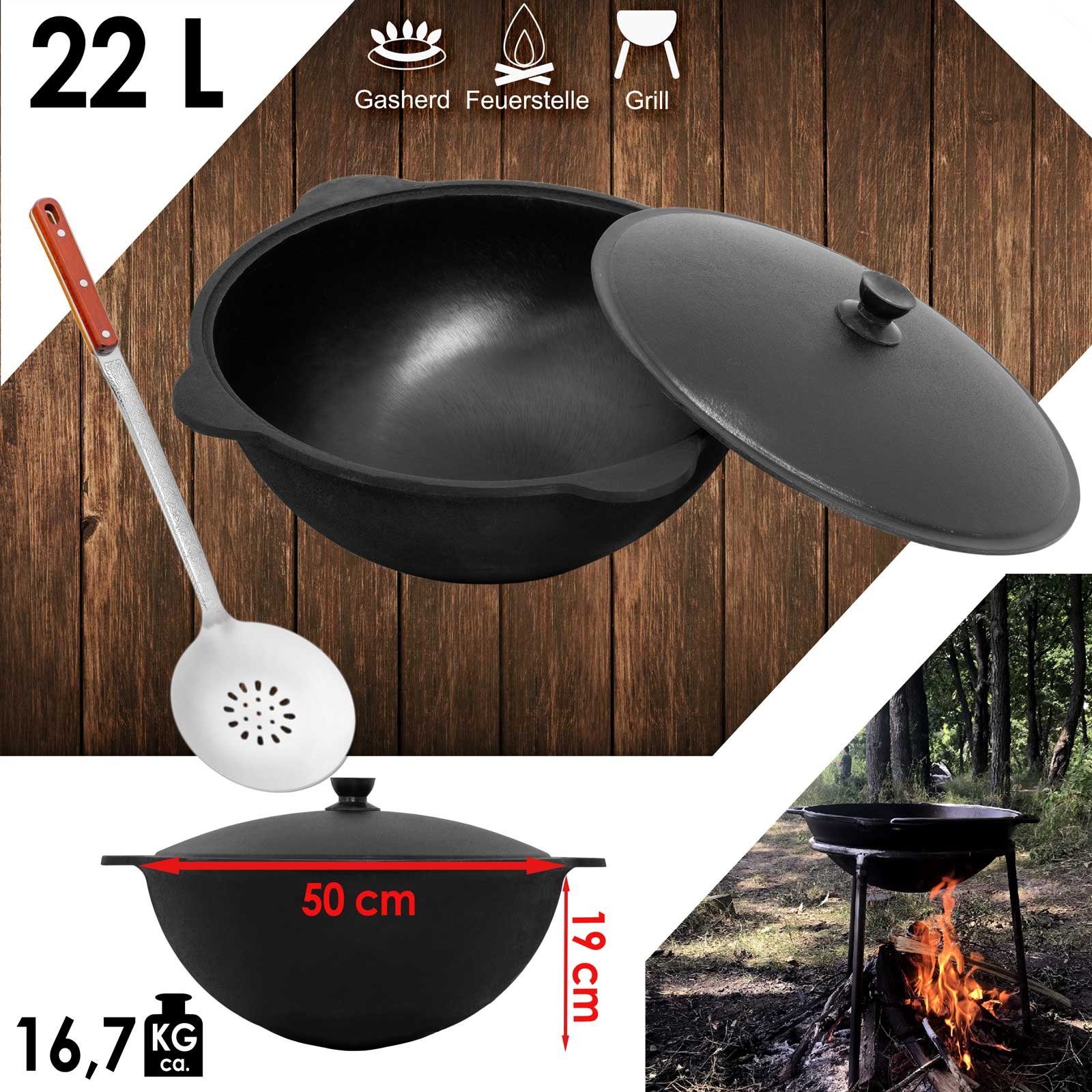 4BIG.fun Grilltopf Gusseisen Kasan 22L rund Deckel WOK Schaumkelle, Gusseisen (Gusseisener Kasan mit Deckel und Schaumkelle)