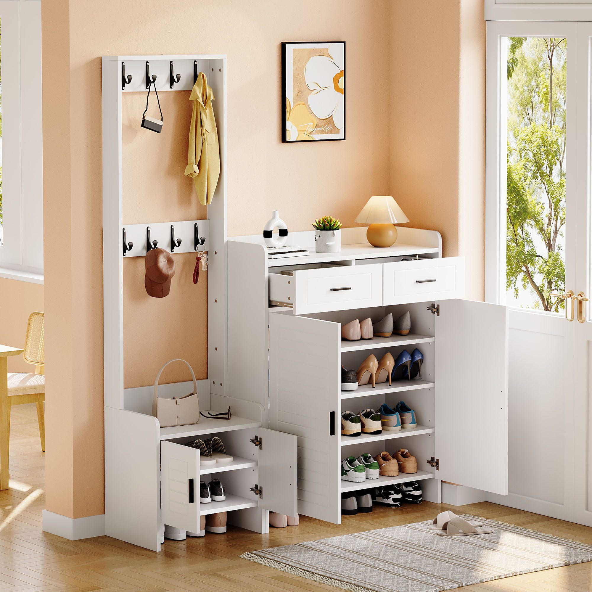 Merax Garderoben-Set Garderobenschrank mit Schuhschrank, (Schuhregal mit 10 Staufächern, 1-St., für Eingangsbereich), Flurgarderobe mit 8 Haken, 2 Schubladen &  – Bild 2 von 5