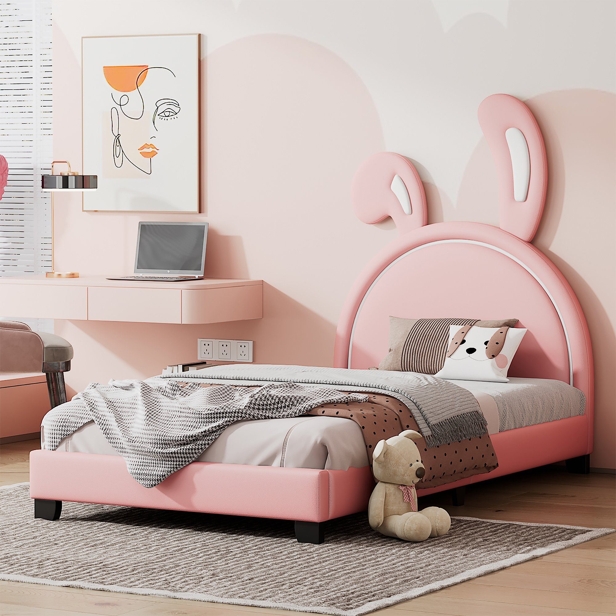 Flieks Polsterbett, Kinderbett Einzelbett in Hasenohrform Kunstleder 90x200cm rosa