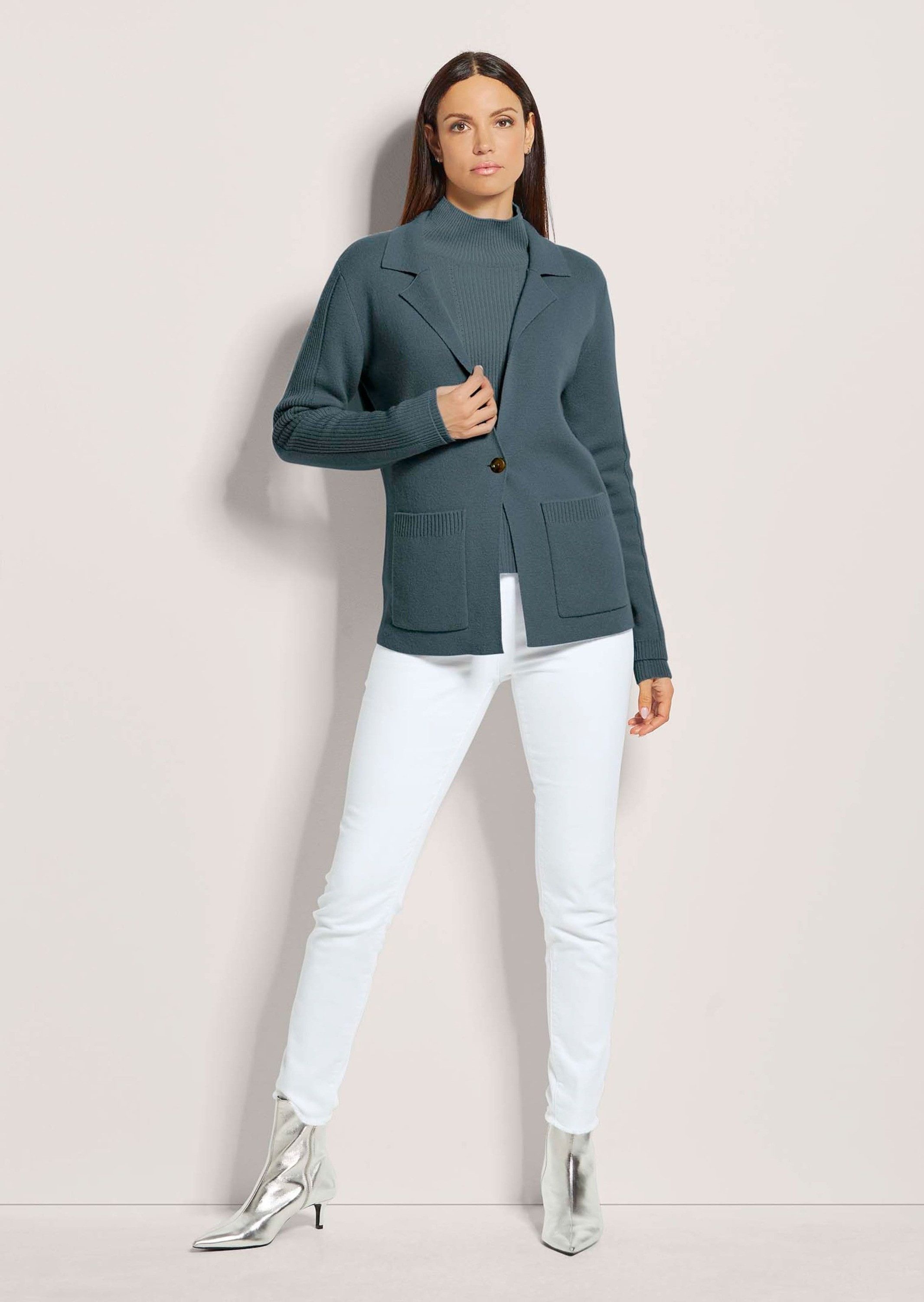 MADELEINE Strickjacke Strickjacke aus Merinowolle und Kaschmir Blazer mit Reverskragen, Pointelle-Muster, 1-Knopf-Verschluss