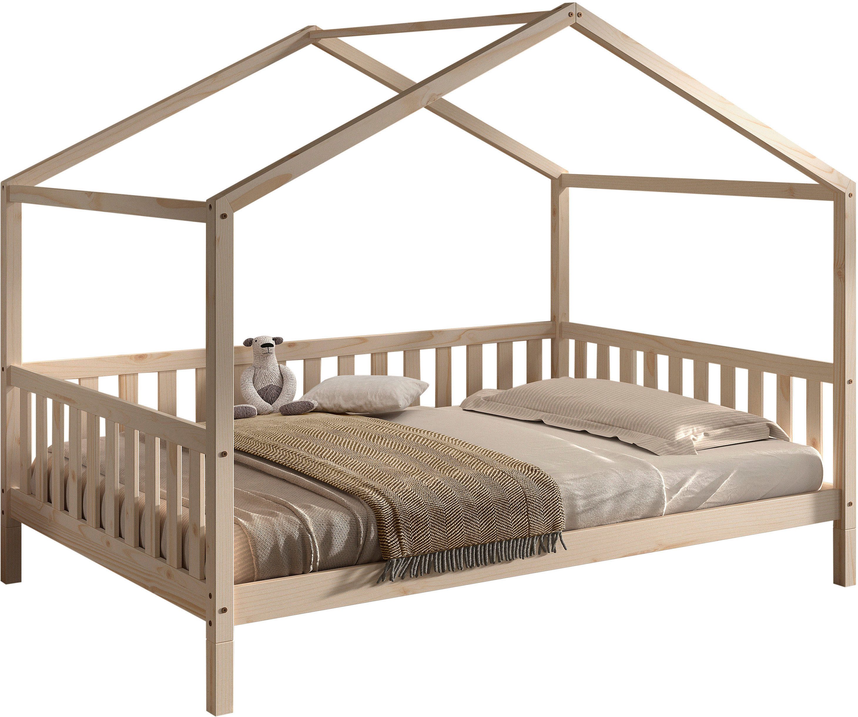 Vipack Hausbett Dallas, Massivholzbett mit Dachaufbau umbaubar vom Boden- zum Daybett (inkl. Rolllattenrost und Sprossenumrandung, 90 oder 140x200 cm breit), stabil und standfest gebaut, wahlweise Kiefer massiv natur oder weiß