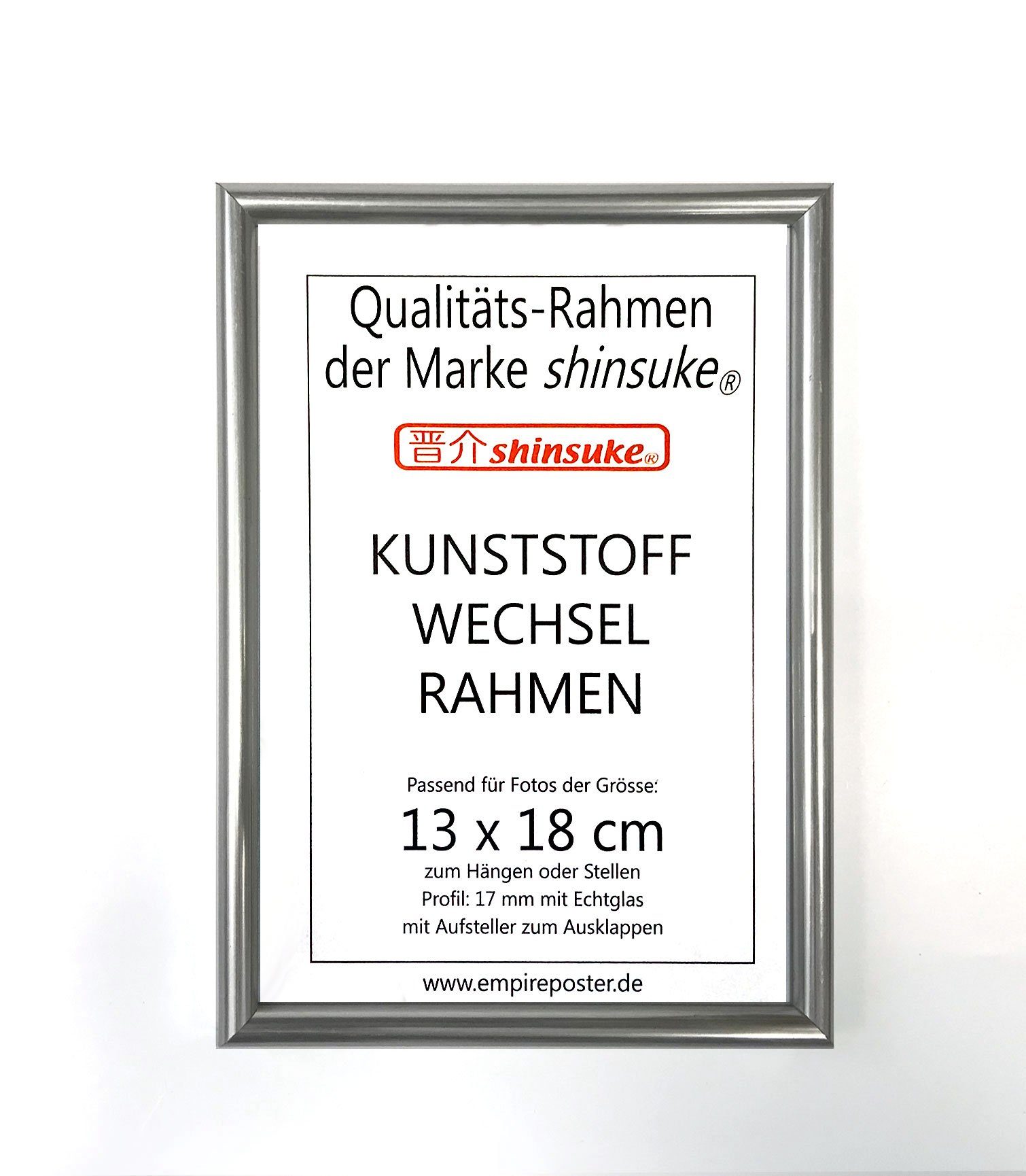 Kunststoff, Shinsuke® cm aus 13x18 Foto-Rahmen empireposter Bilderrahmen Wechselrahmen Foto-Rahmen Kunststoff, cm Echtglas 13x18 mit silber